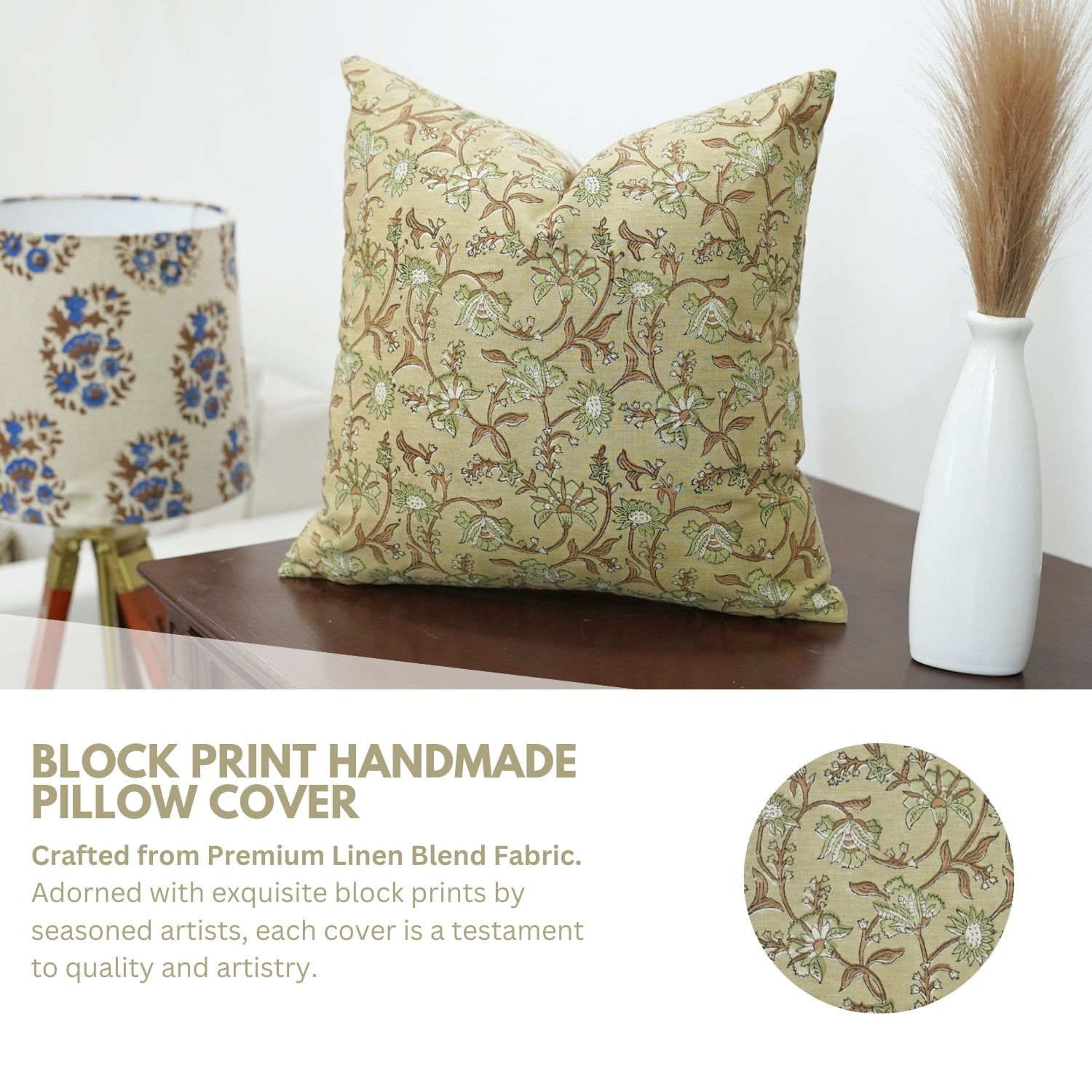 HandBlock Printed Floral Linen Blend Cushion Wrap For Living Room - Naayab