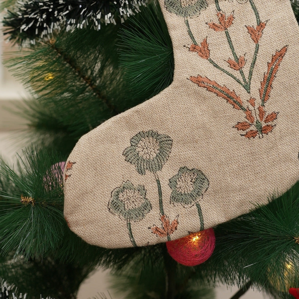 Handcrafted Amitabh Brown Floral Thick Linen Block Printed Christmas Stockings with Elegant Festive Holiday Decor for Gifting