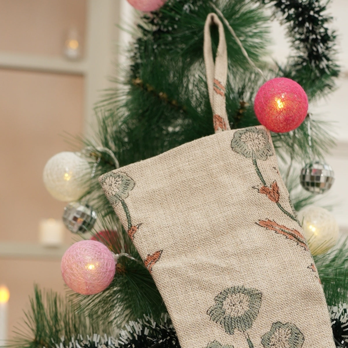 Handcrafted Amitabh Brown Floral Thick Linen Block Printed Christmas Stockings with Elegant Festive Holiday Decor for Gifting