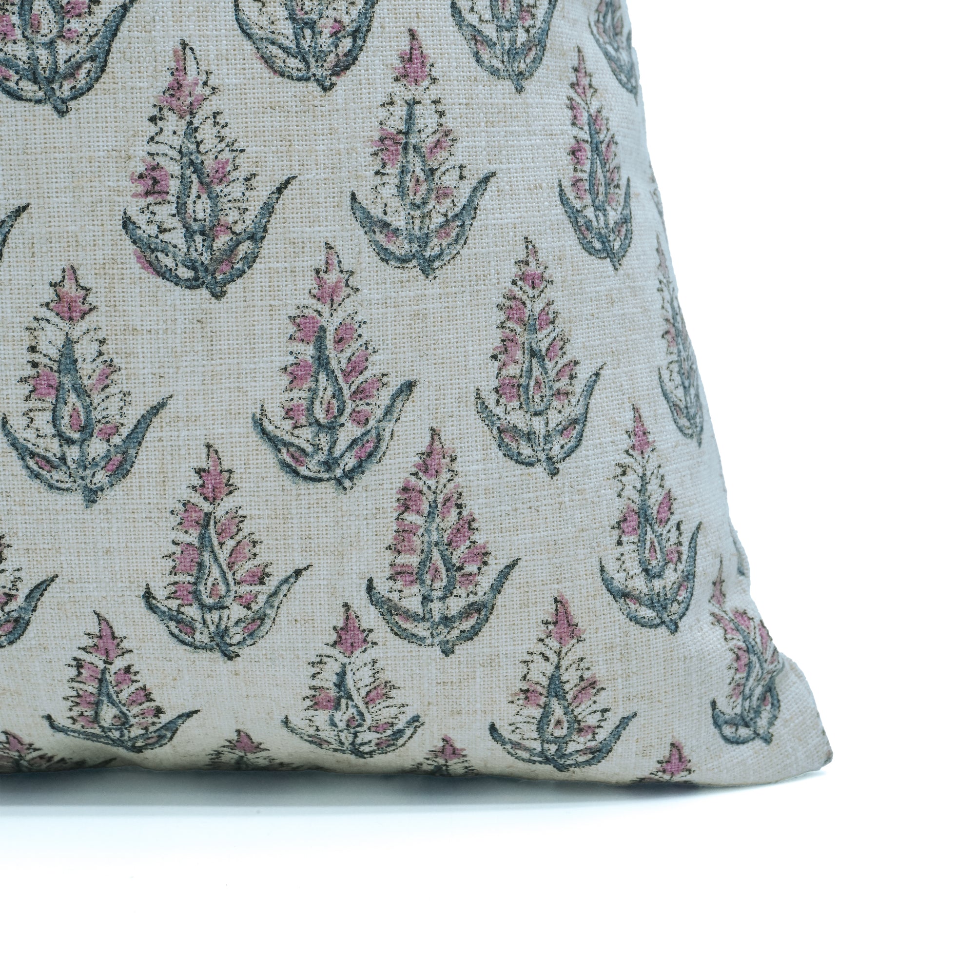 Hand Print Viscose Linen Pink Floral Cushion - Kanak Buti
