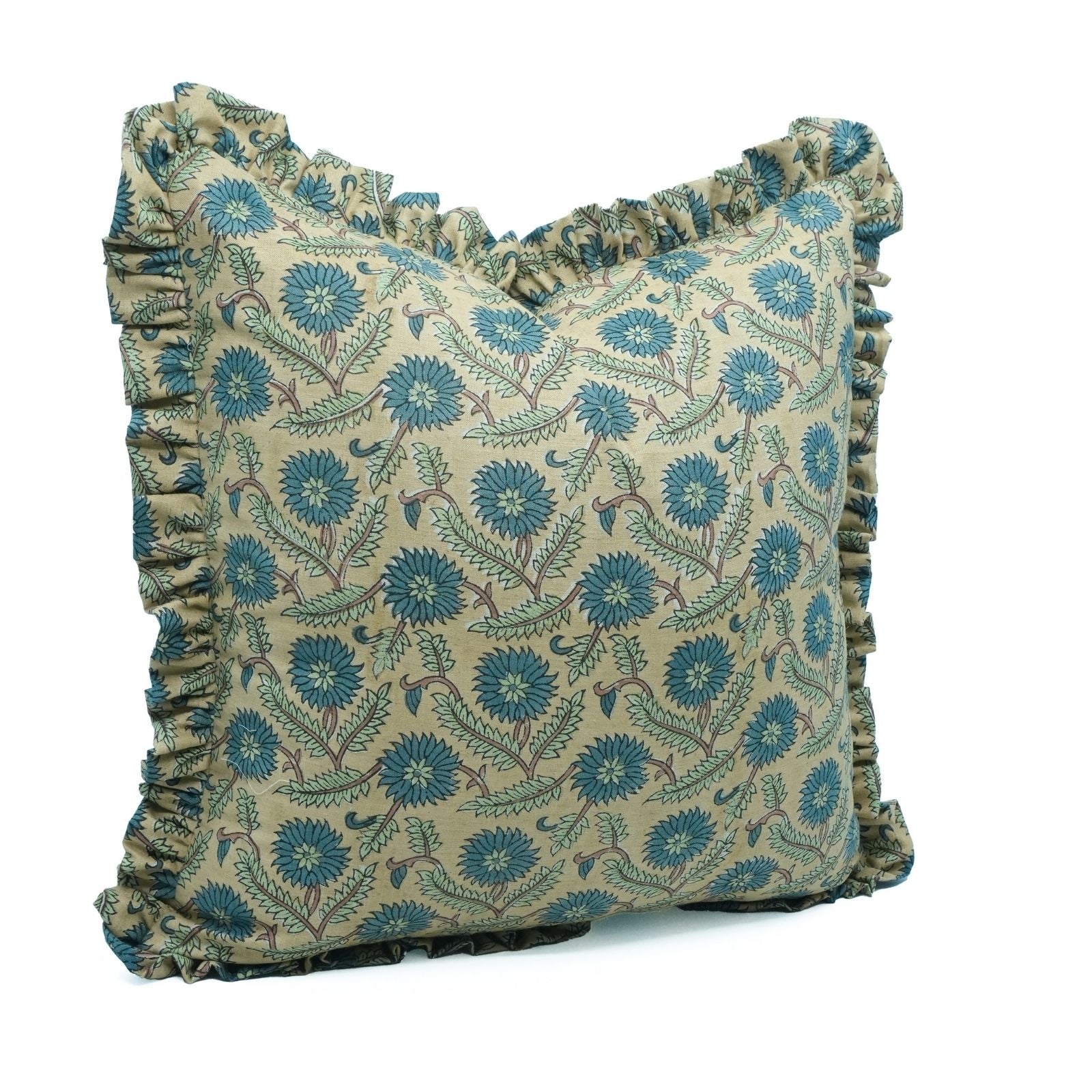 Block Print Frill Linen Blend Indoor Sofa Pillow Cover - Swarna