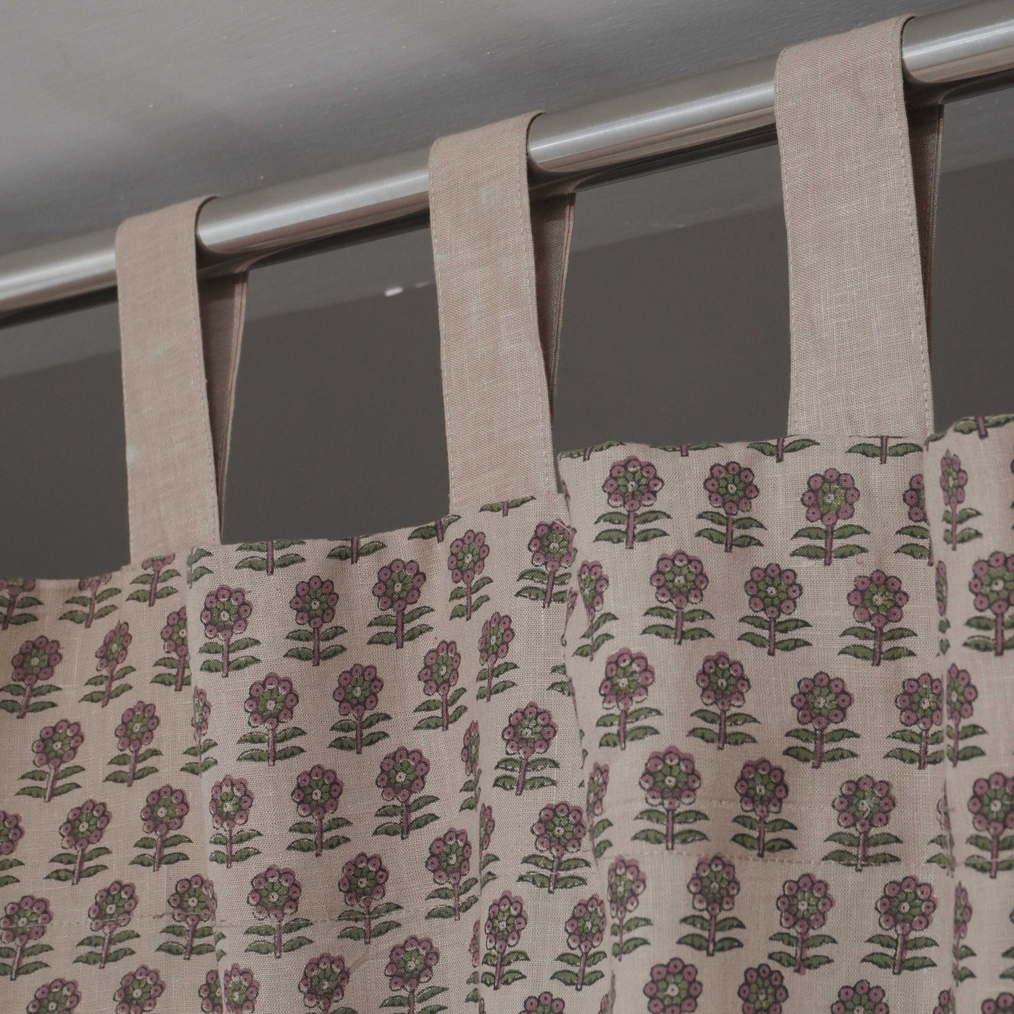 Pink Floral Block Print Viscose Linen Tab Top Curtains - Anamika