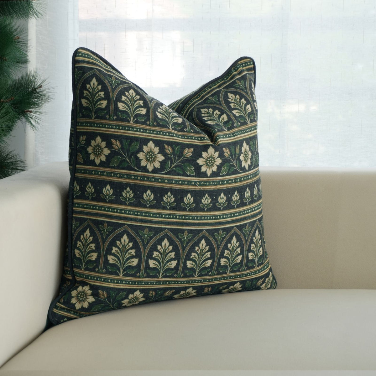 Floral Printed Piping Deep Navy Viscose Linen Cushion Cover