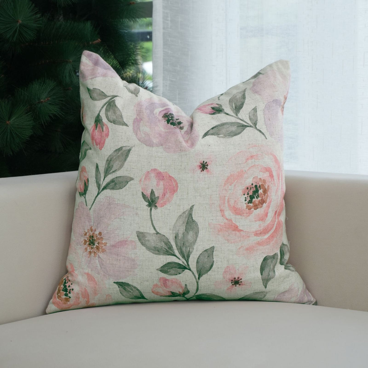 Pink Rose Floral Printed Natural Cream Linen Pillow Cover