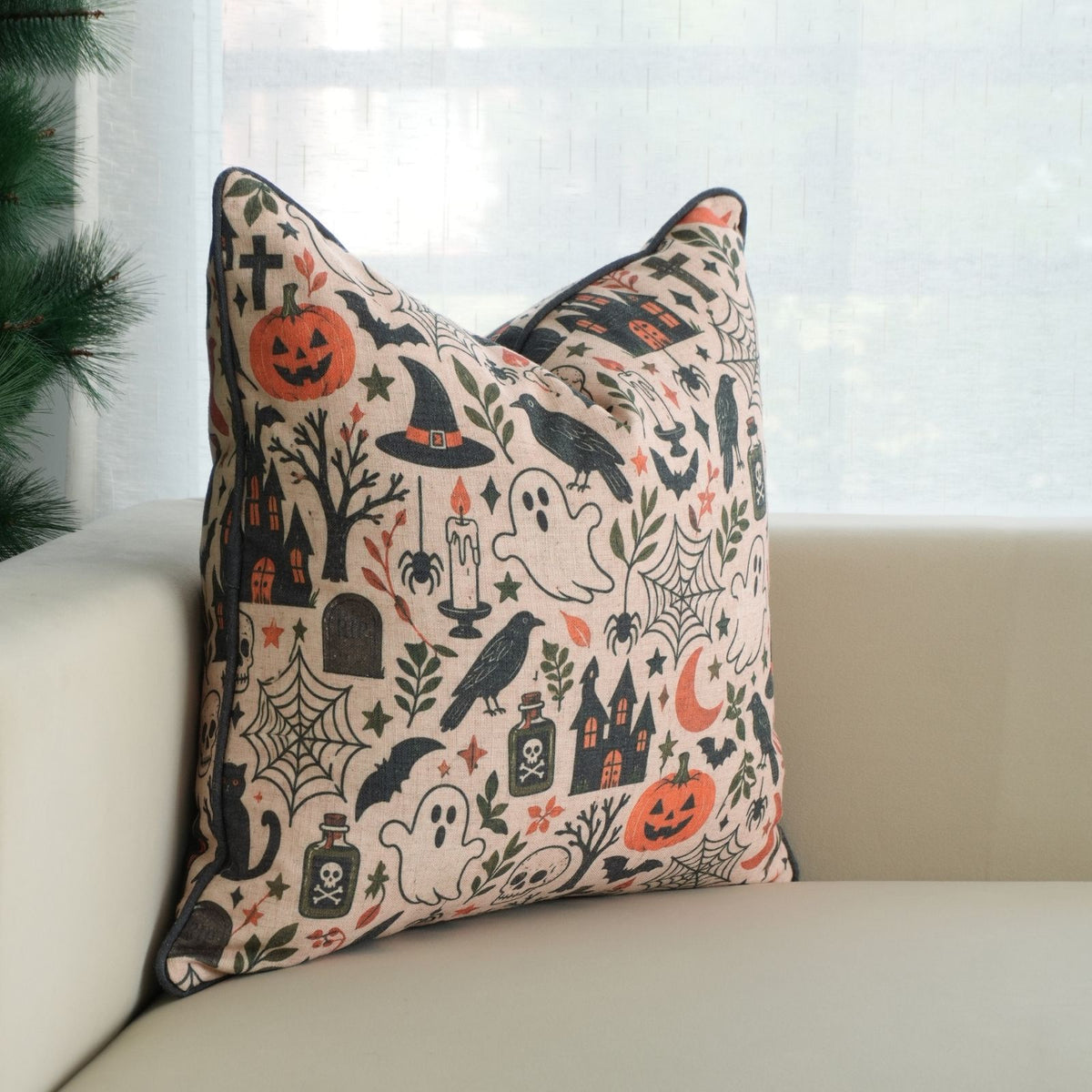 Halloween Printed Beige Linen Piping Pillow Cover - BooMix