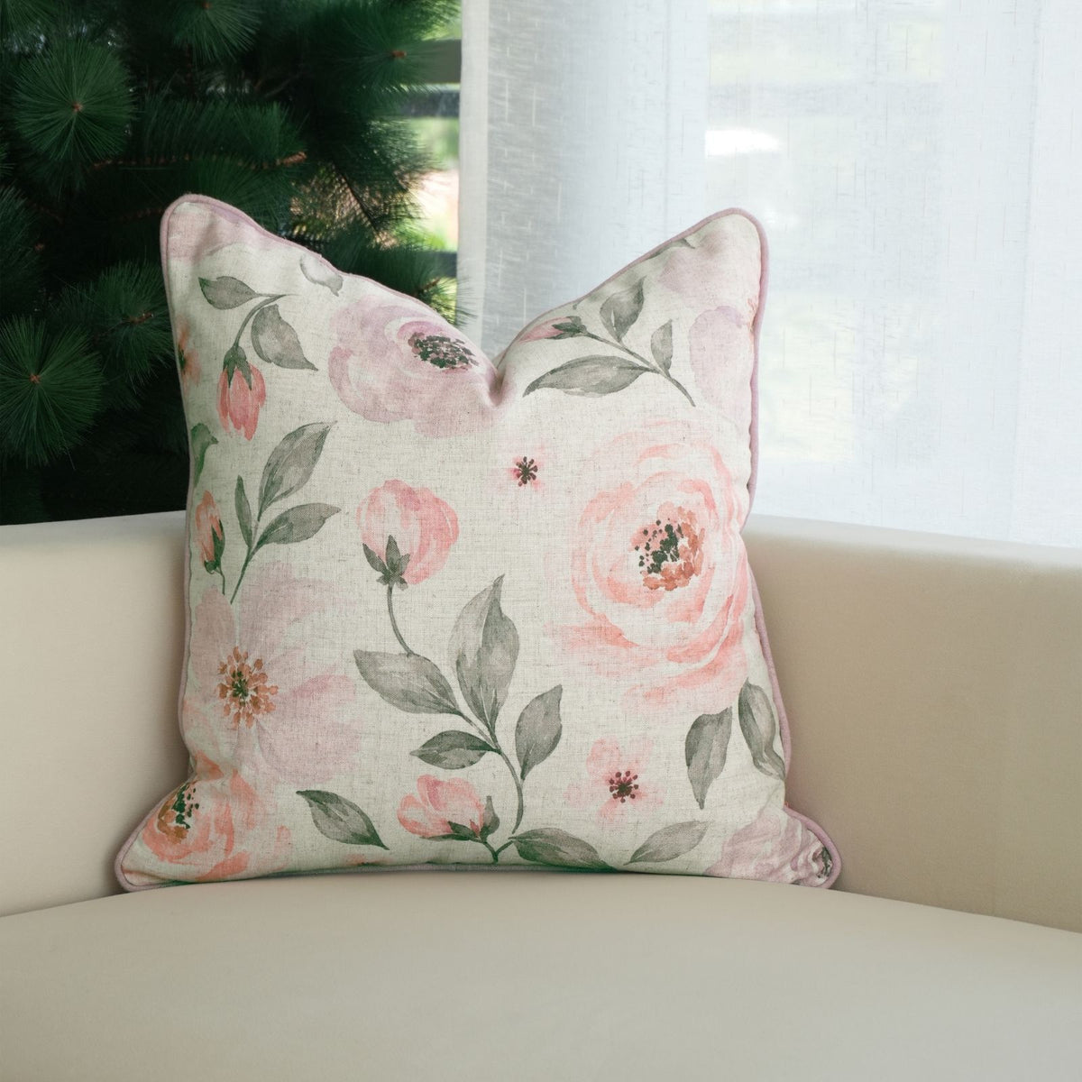 Rose Floral Printed Cream Viscose Linen Piping Cushion Cover 