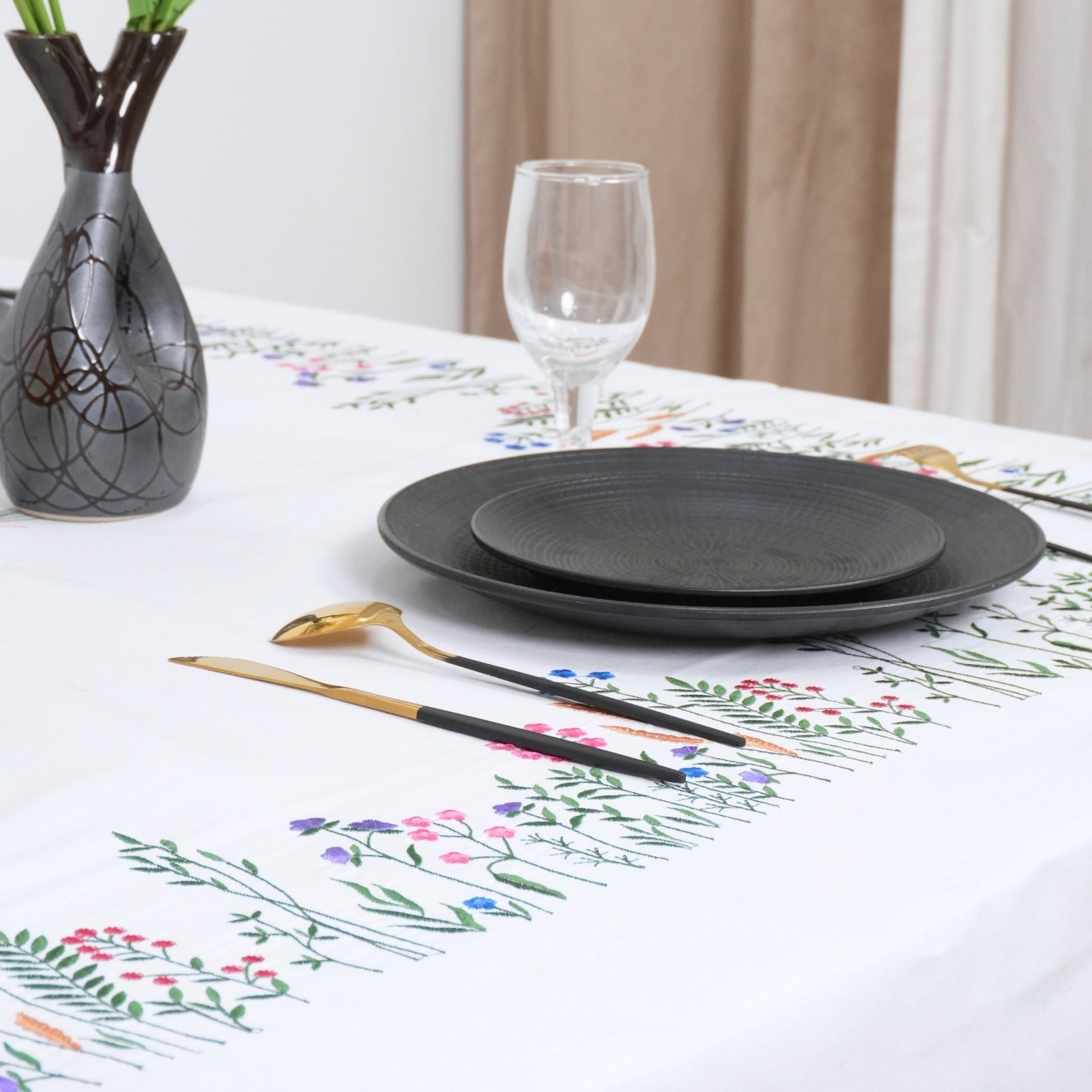 Red Green Floral Boho Embroidered Cotton Table Cover | Farmhouse