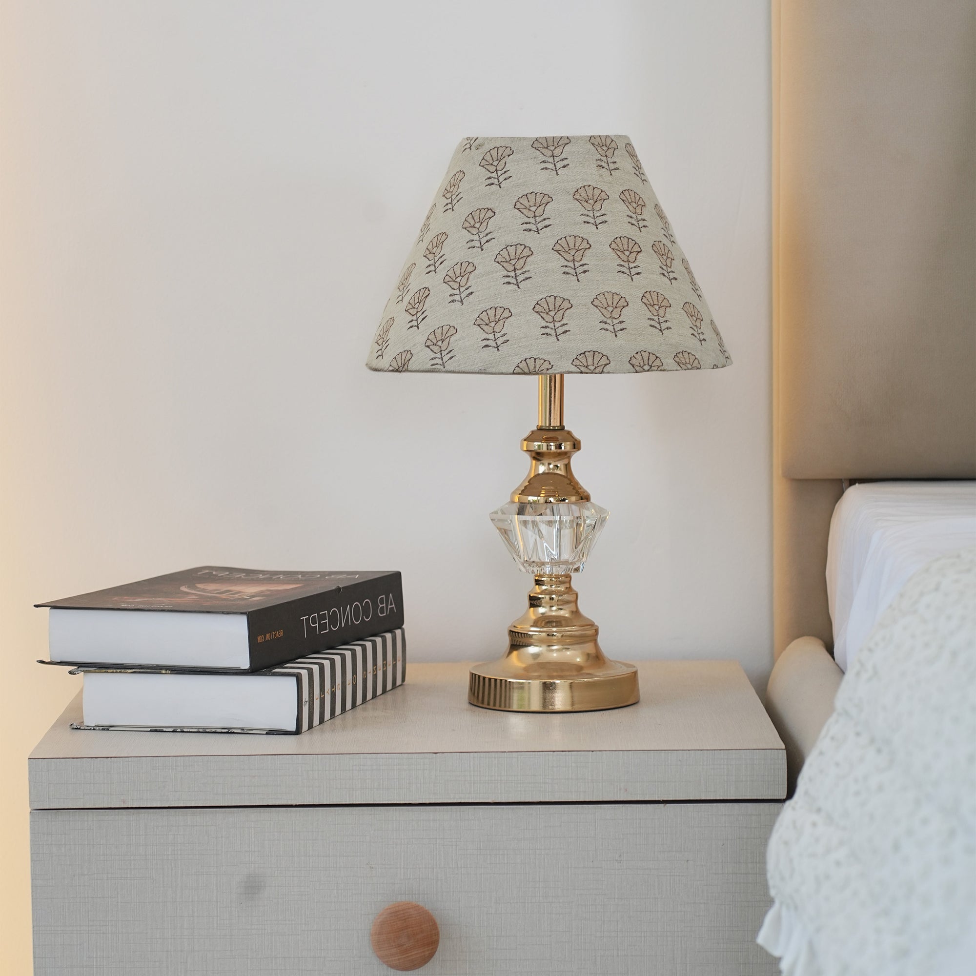 Indian Beige Floral Linen Blend Floor Lampshade - Kohinoor