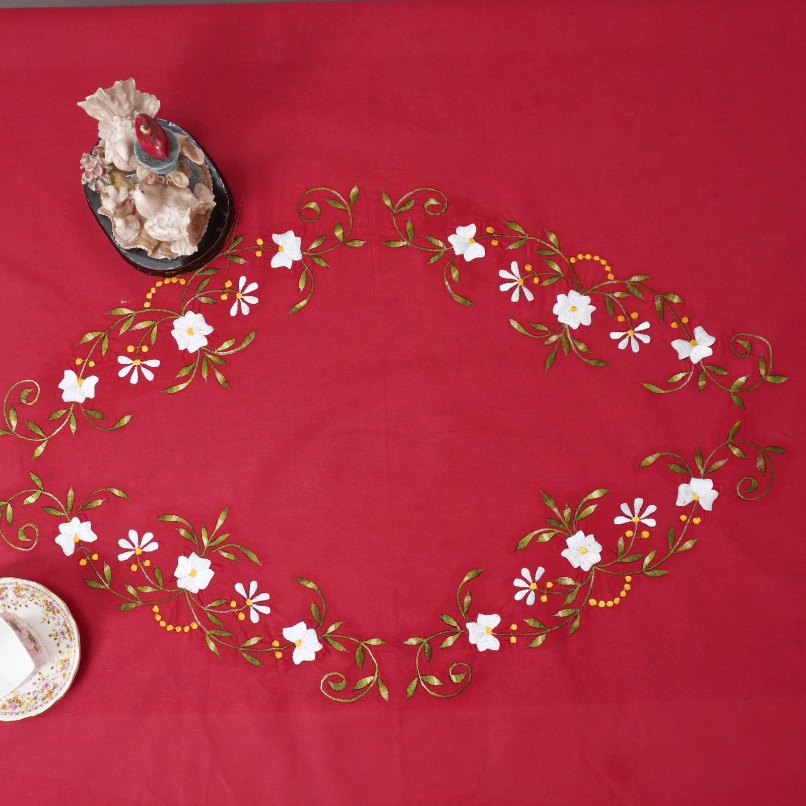 Red Green Floral Embroidered Cotton Table Cover | Dining Decor