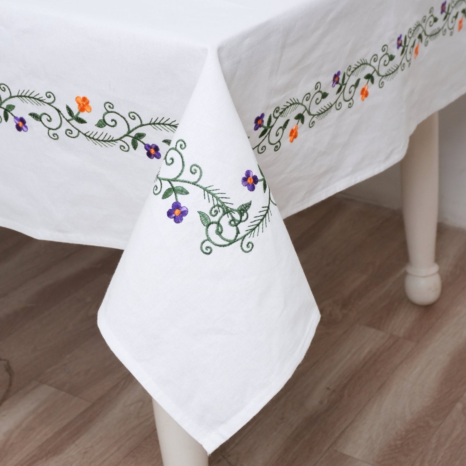 Hand Embroidered Orange and Blue Floral Cotton Tablecloth