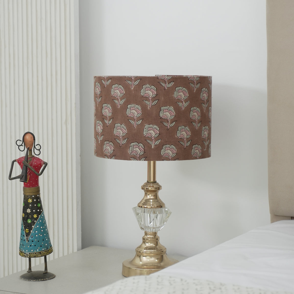 Brown Floral Wooden Block Print Linen Lampshade - Rohini