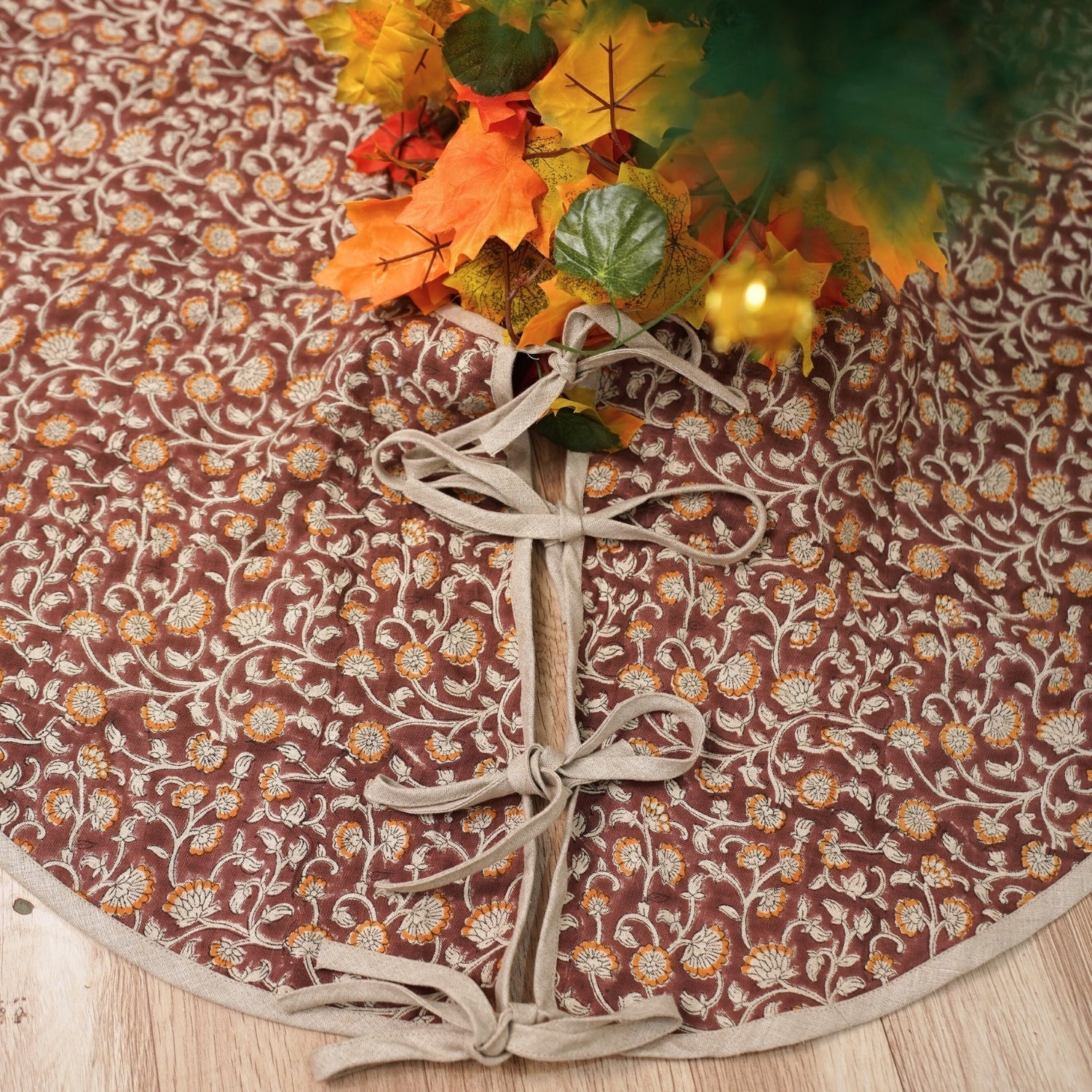 Hand Block Printed Orange & Brown Floral in Premium Pure Linen Christmas Tree Skirt Holiday Decor - Himachal