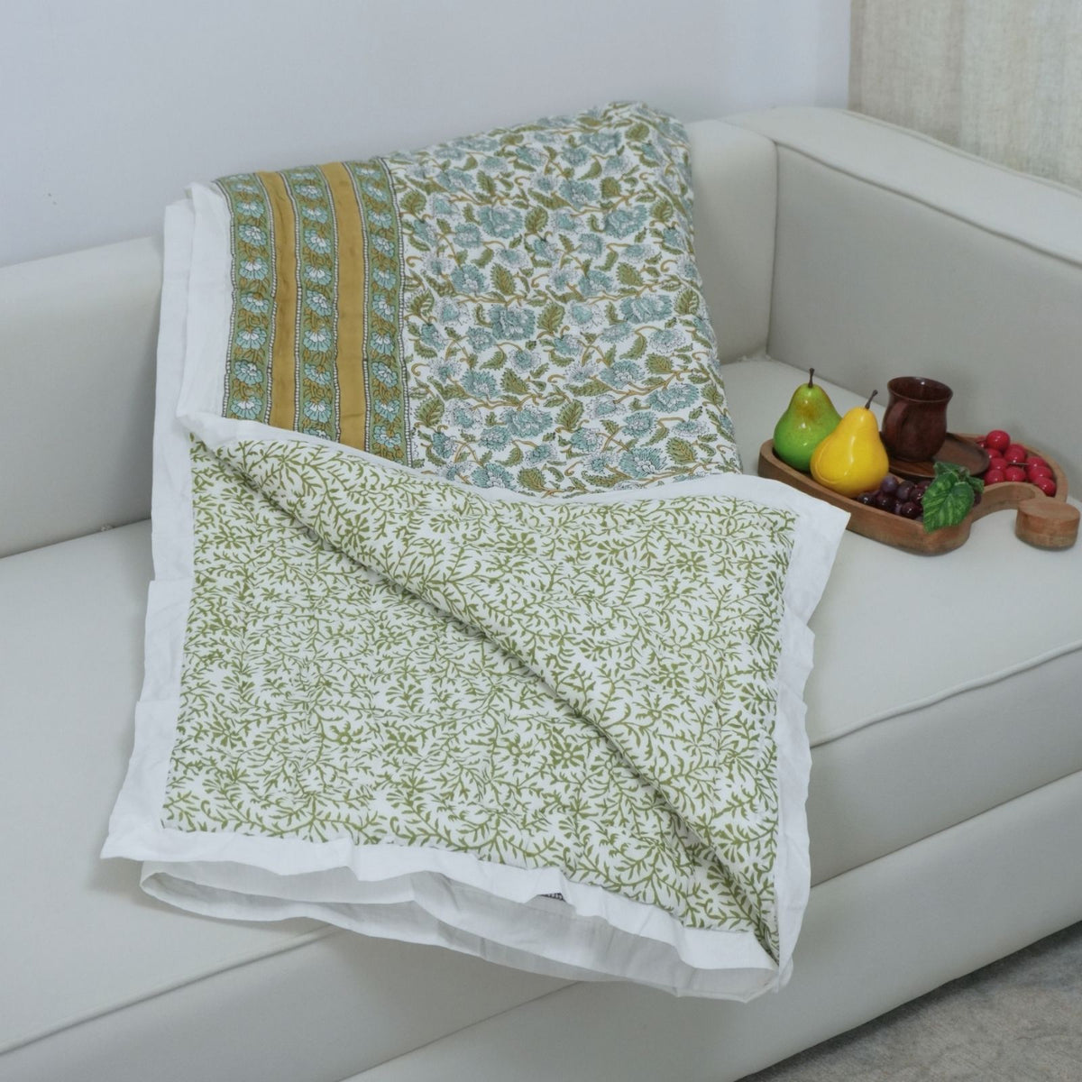 Indian Block Printing Floral Border Cotton Quilt - Mandakani