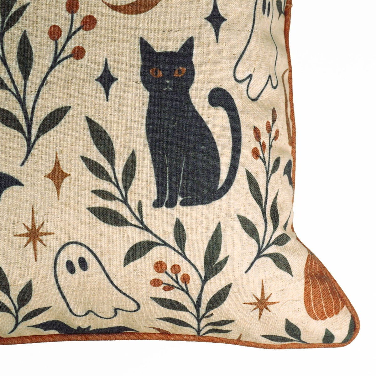 Spooky Cats &amp; Ghosts Halloween Piping Linen Throw Cushion