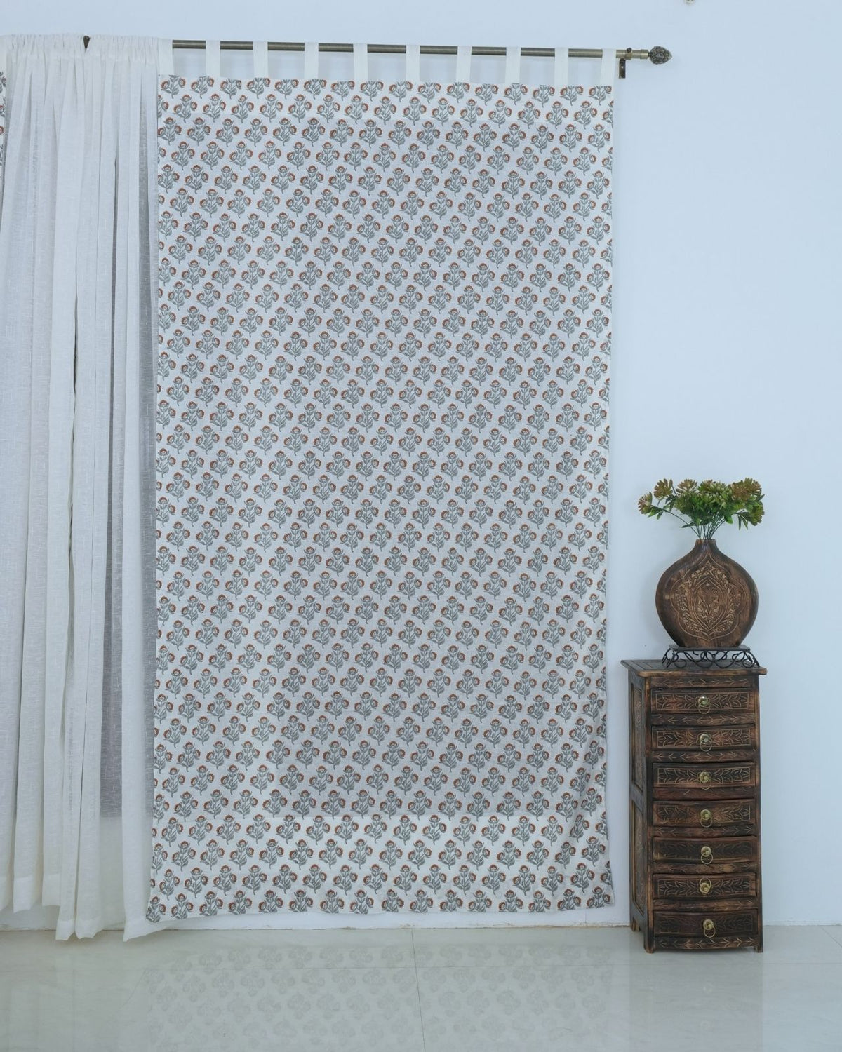 Block Print Rust Floral Viscose Linen Curtain - Bael Patra
