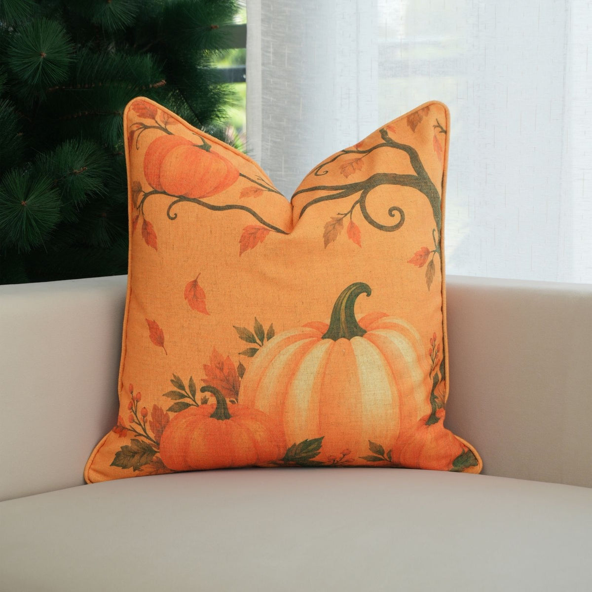 Orange Halloween Pumpkin Linen Piping Cushion Cover
