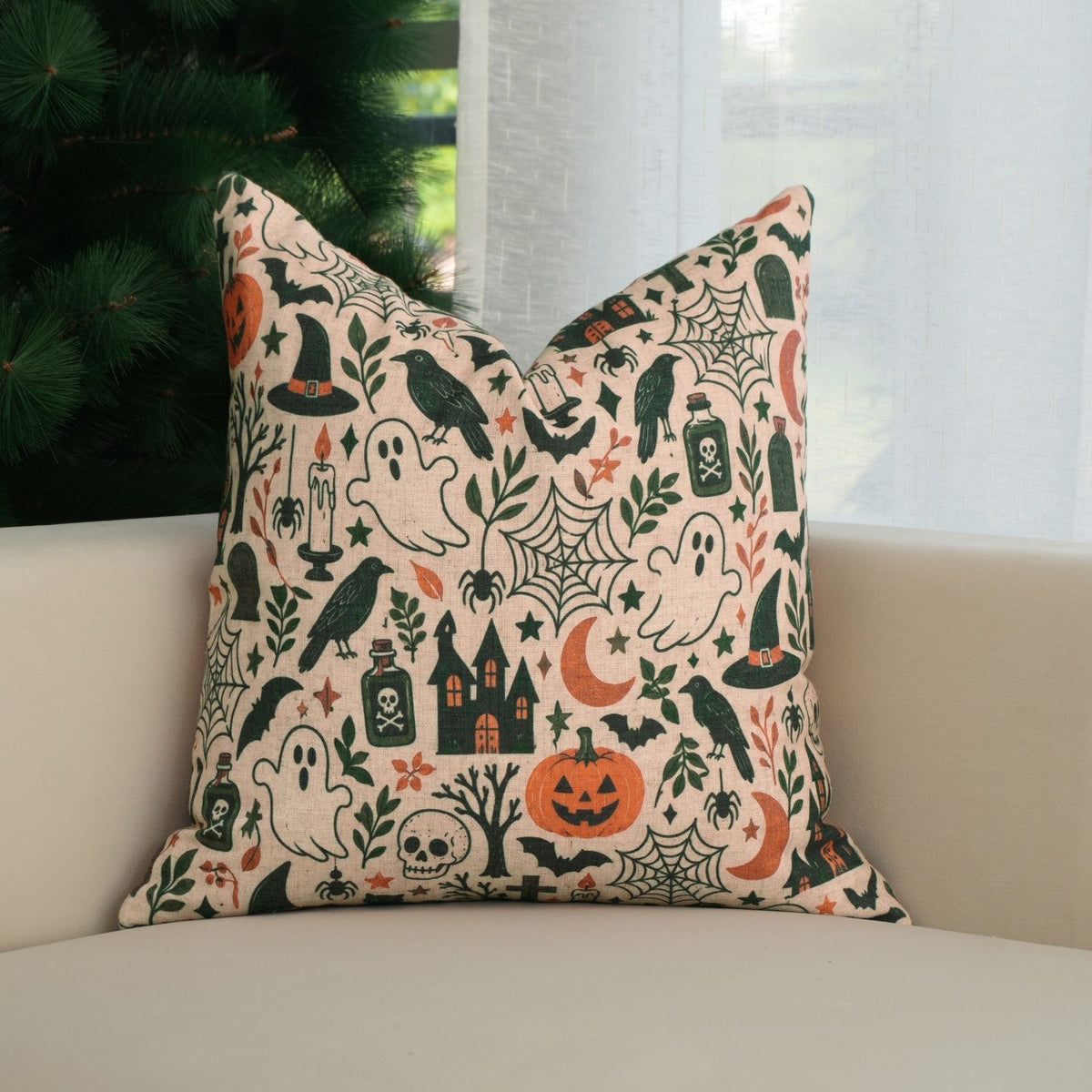 BooMix Halloween Printed Natural Beige Viscose Linen Pillow