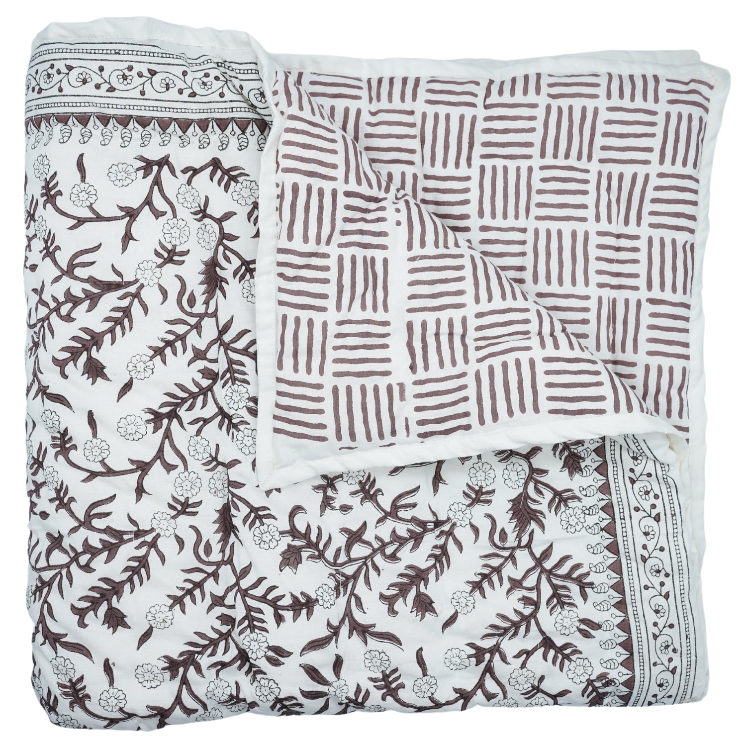 Block Print Brown Cotton Quilt Reversible &amp; Lightweight - Shejan