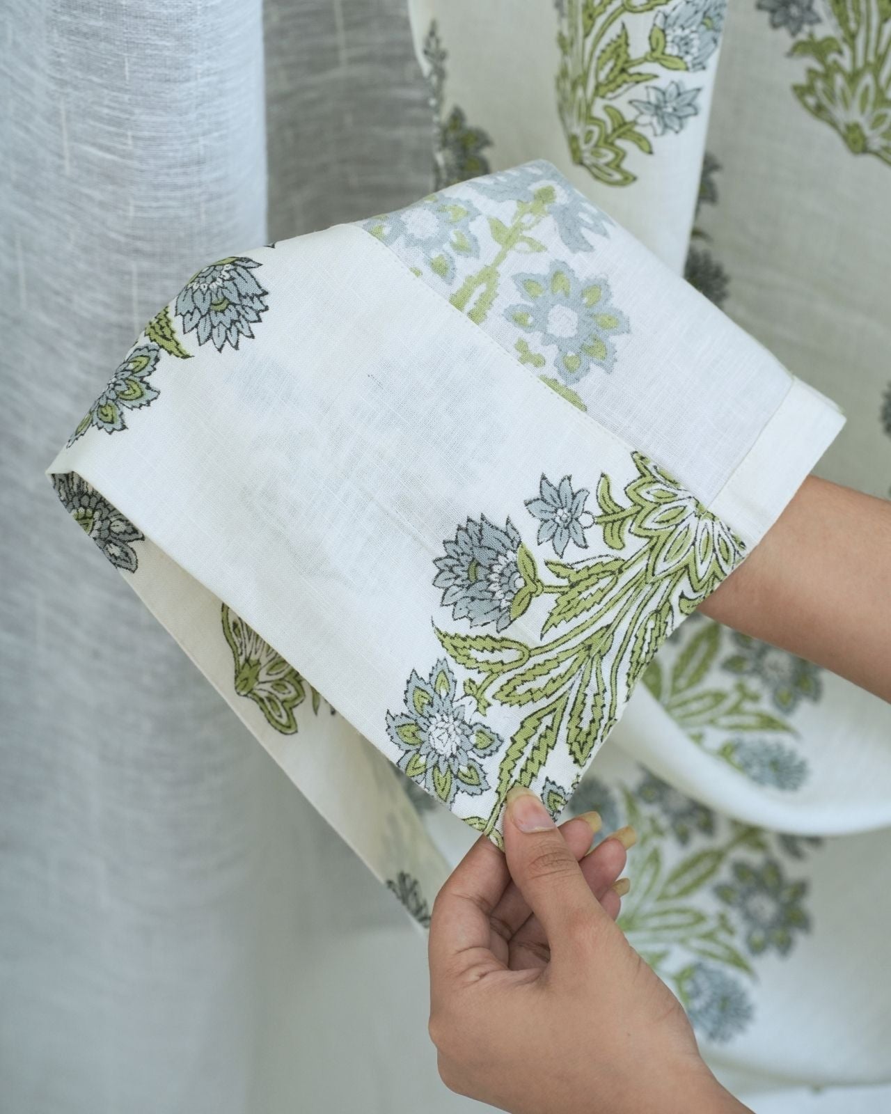 Indian Block Print Ring Curtain in Green & Grey Floral - Morpankh
