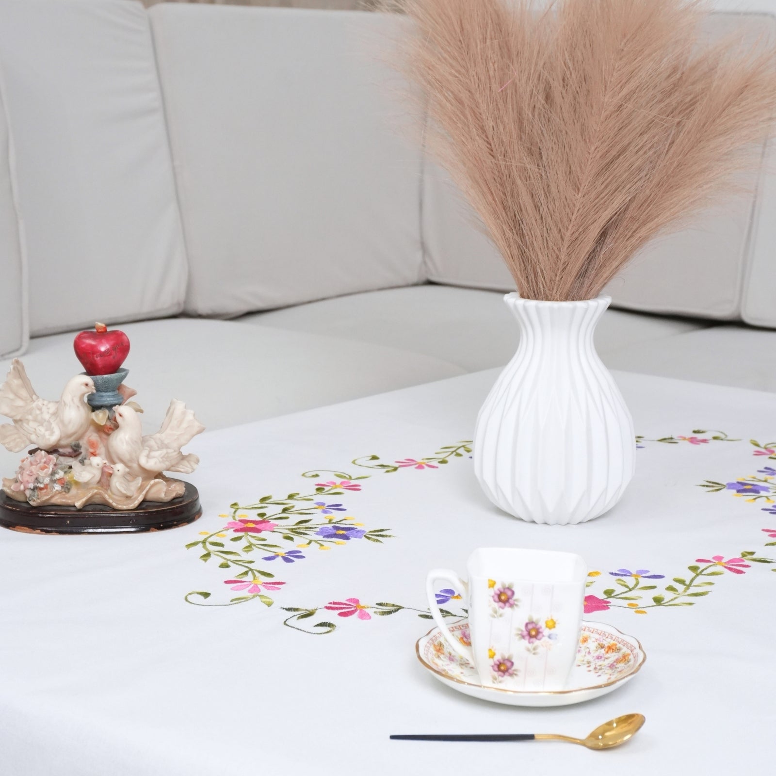 Pink Green Floral Boho Embroidered Pure Cotton Table Cover | Decor
