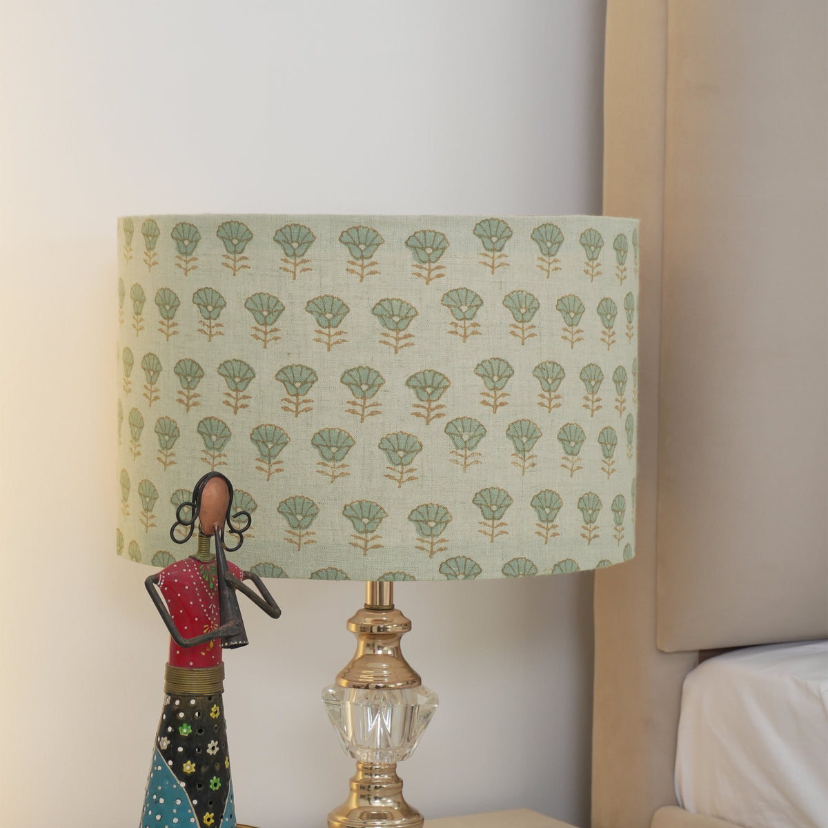 Indian Block Print Grey Floral Pure Linen Lampshade - Kohinoor