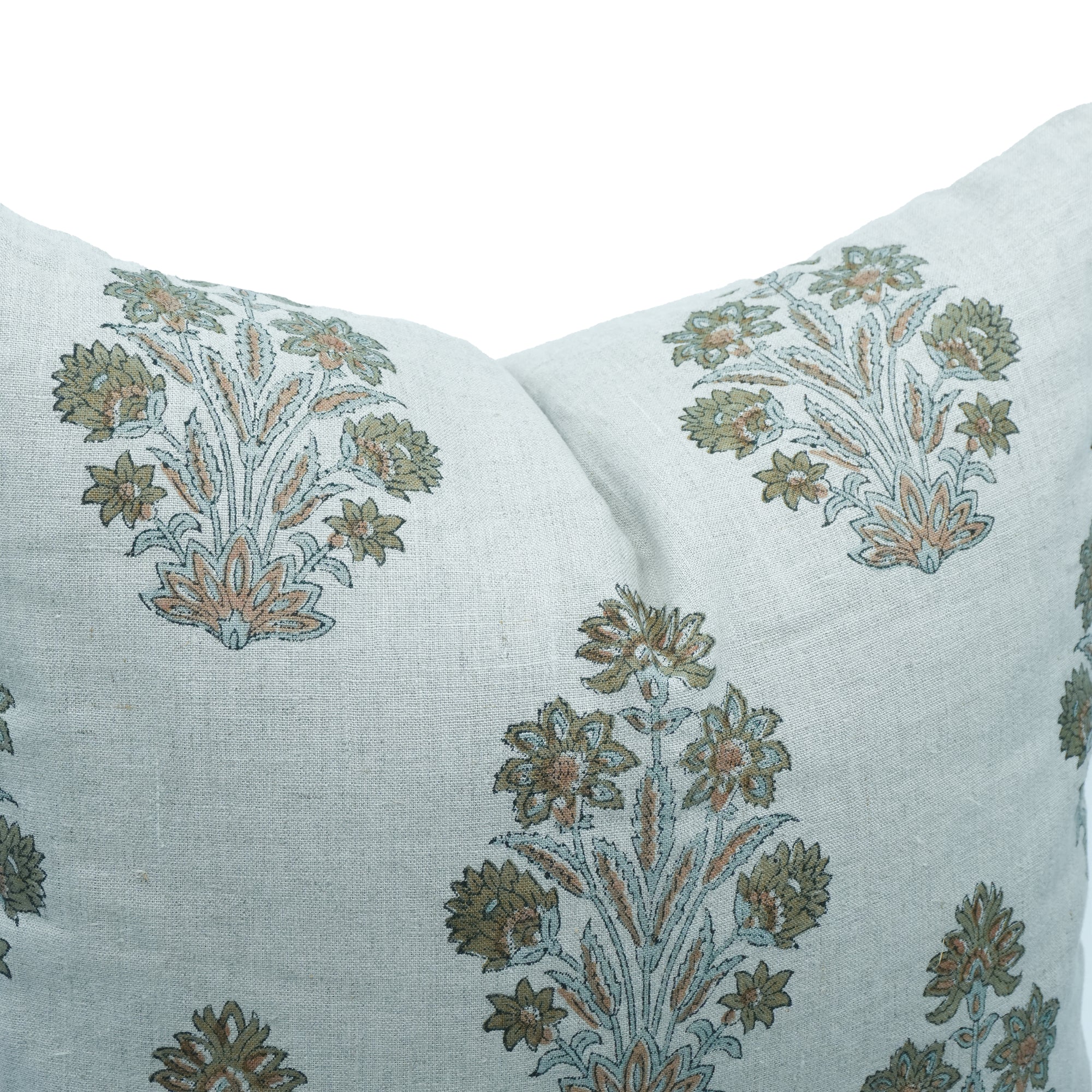 Morpankh Block Print Pure Linen Cushion Cover Green Floral 
