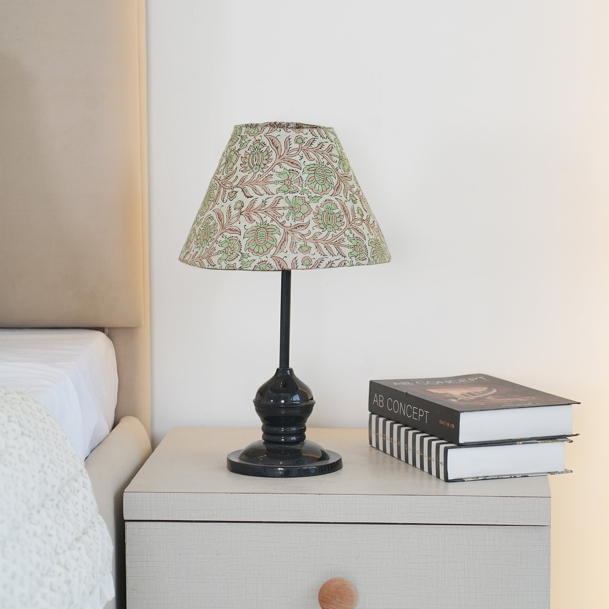 Block Print Sage Green Floral Linen Blend Lampshade - Jaipuri Jaal