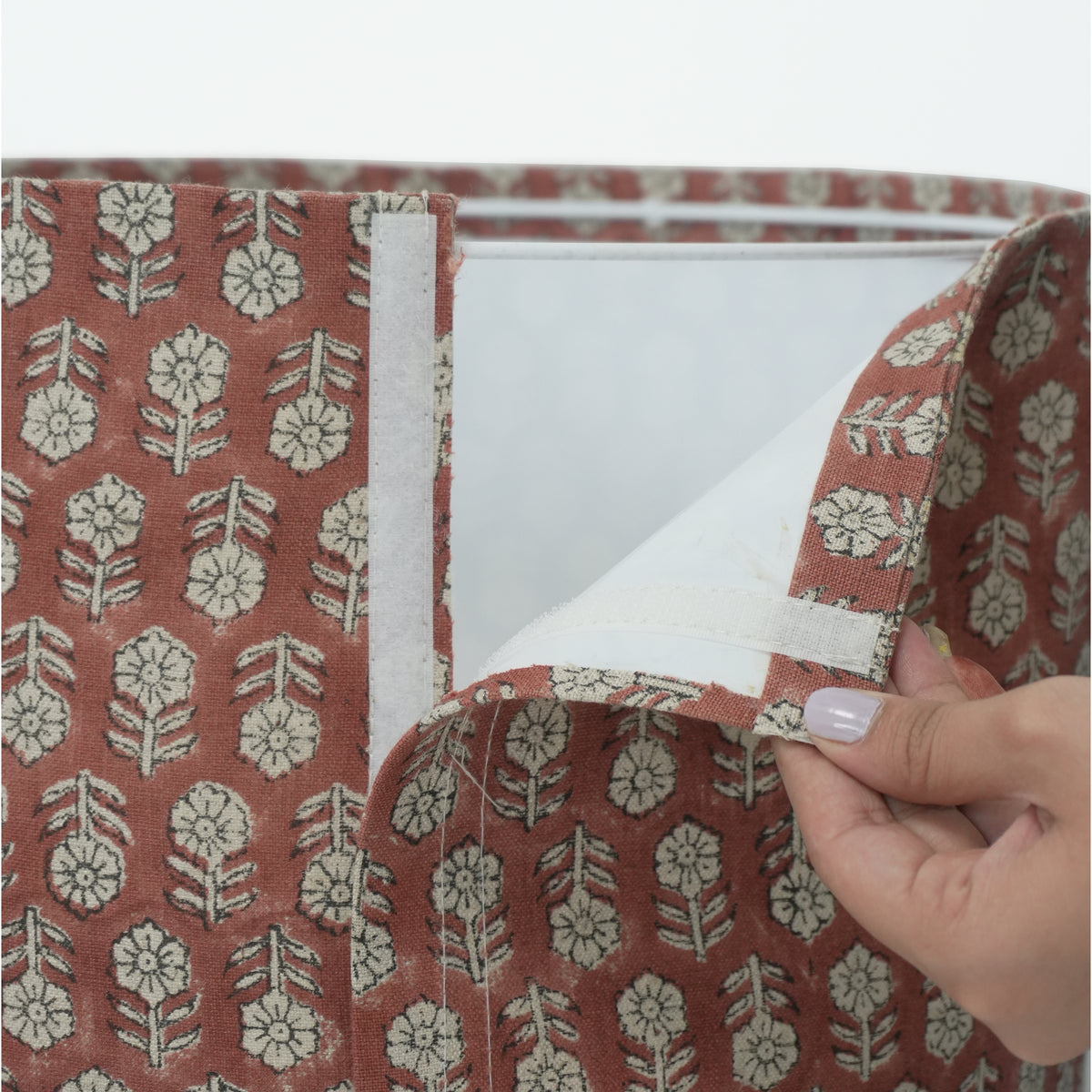 Block Print Drum Lampshade on Heavy Linen - Rust Tulsi Buti