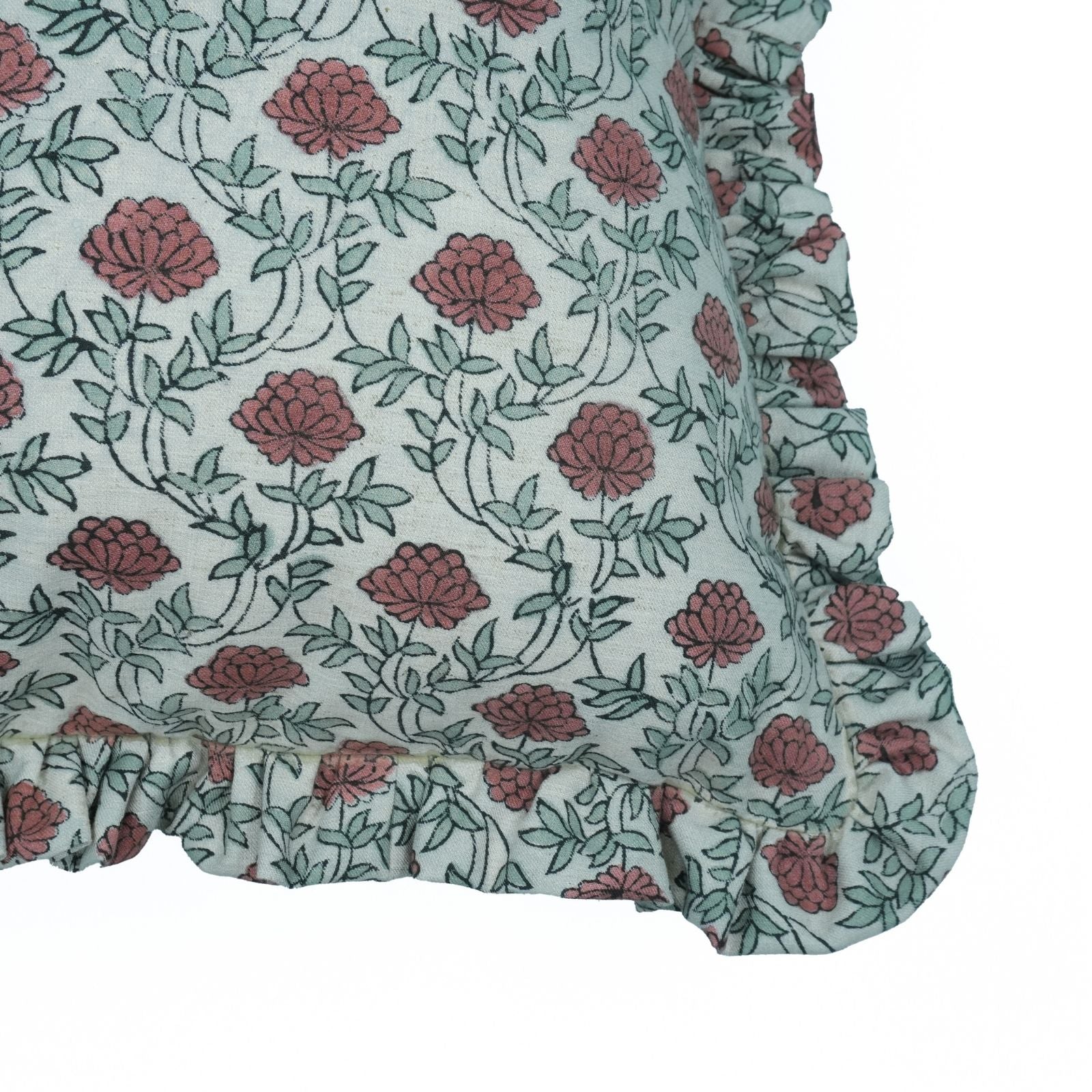 Block Print Red Floral Farmhouse Frill Pillow Cover - Khushbu