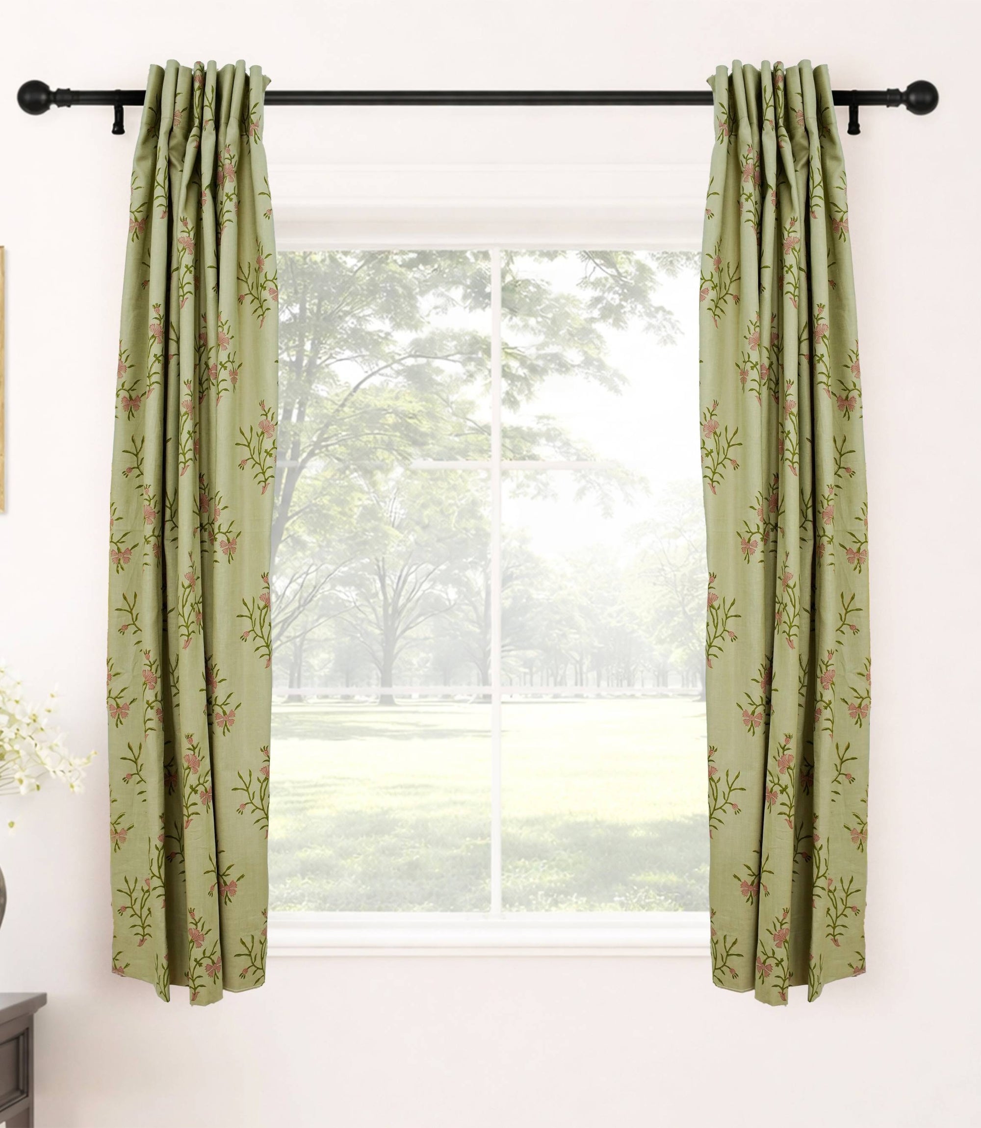Block Print Gray Floral Linen Bedroom Window Curtains - Daisy