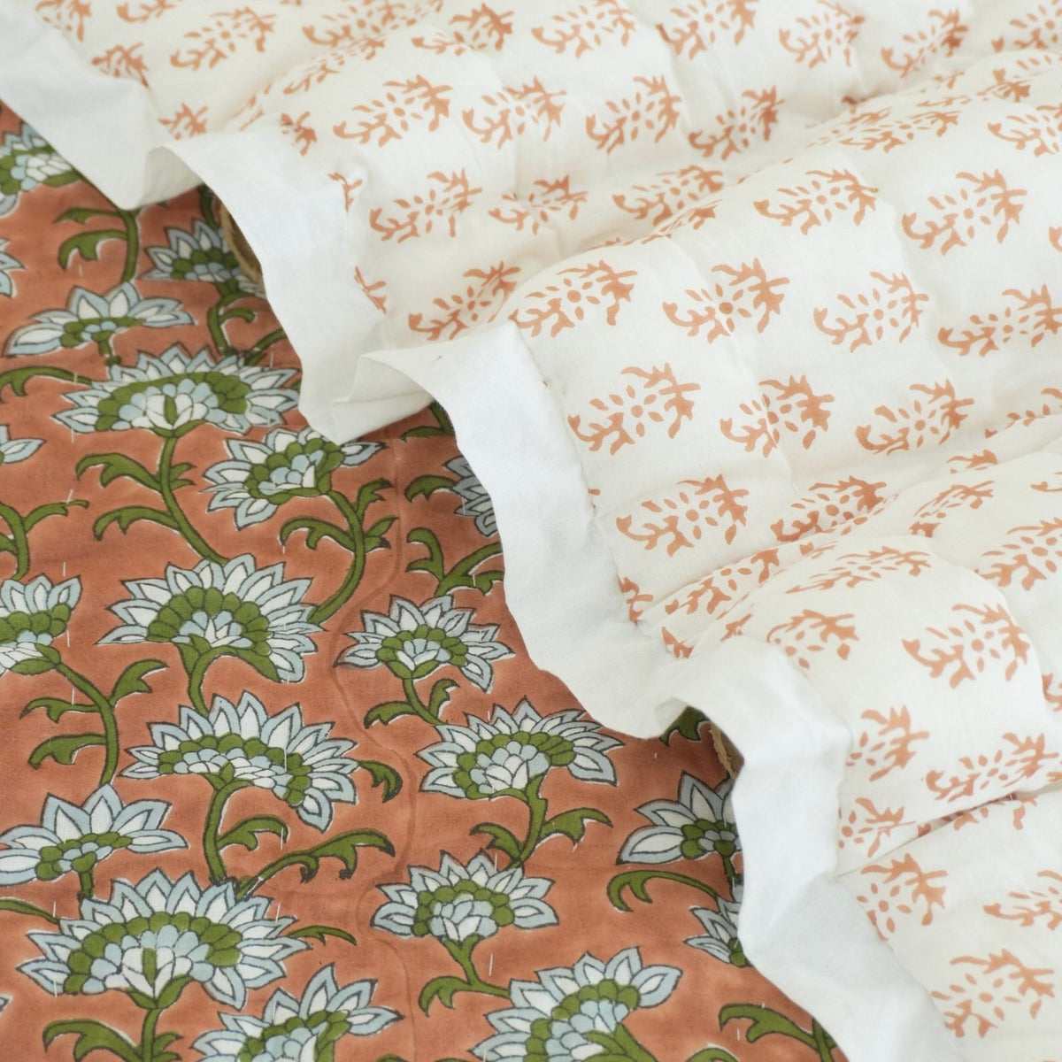 Block Print Floral Border Decorative Cotton Quilt - Rajanigandha
