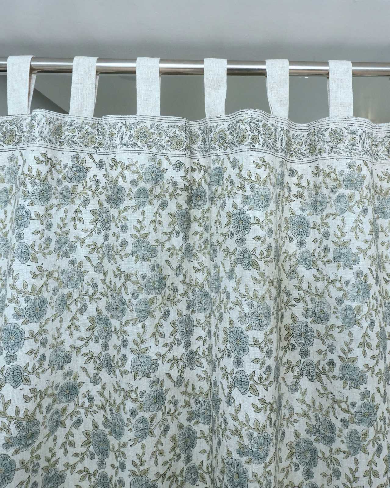 Block Print Gray Floral Heavy Viscose Linen Drapes Curtains - Suman
