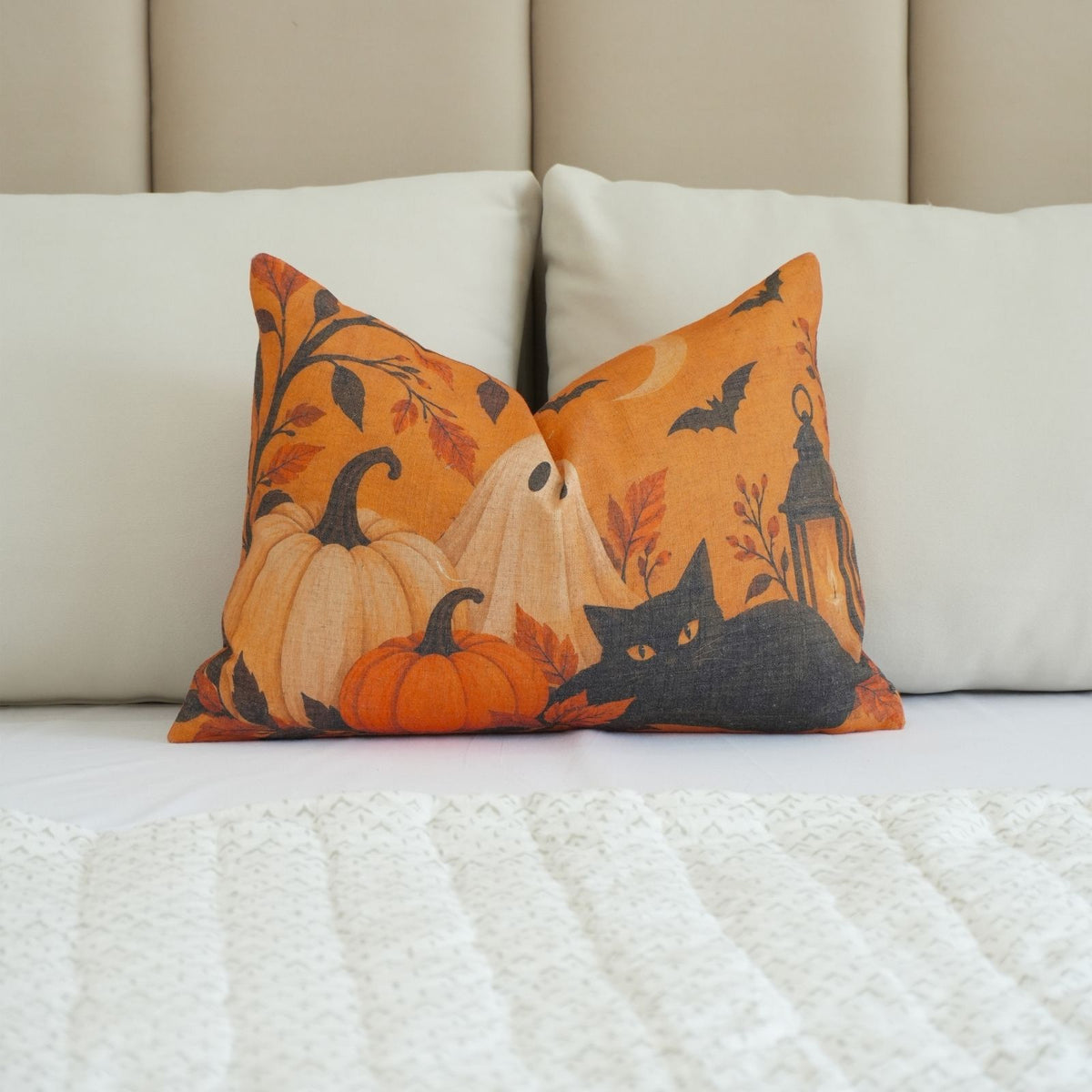 Haunted Cat Printed Orange Linen Lumbar Pillow Cover
