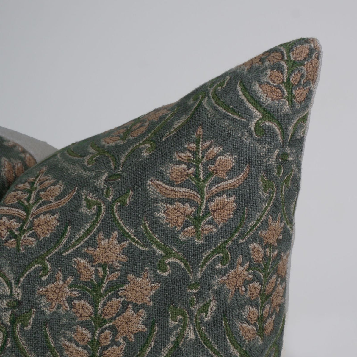 Vishalpushp Tan & Olive Trellis Block Print Cushion Forest Linen