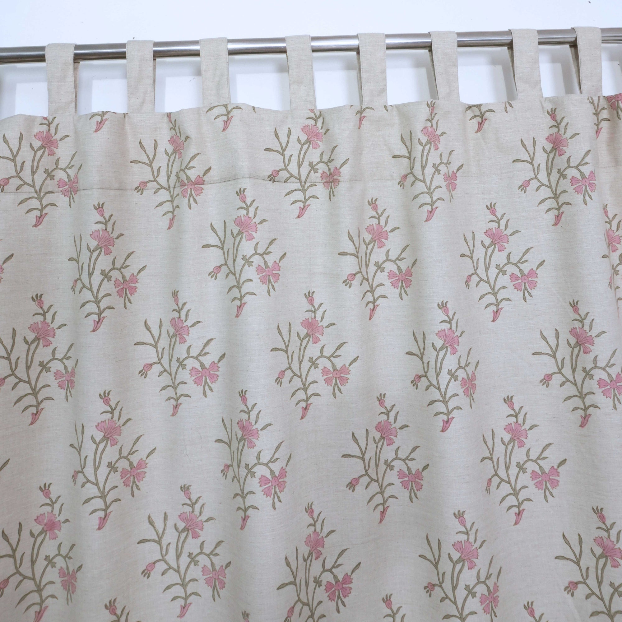 Strawberry Hand Block Print Tab Top Curtains | Pink Linen