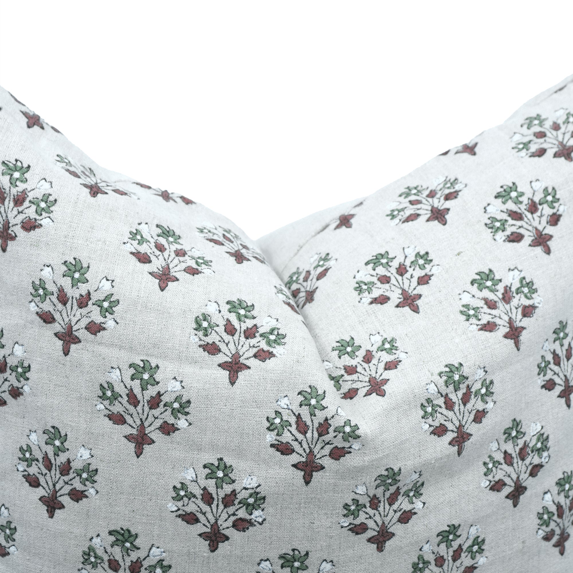 Hand Block Print Linen Cushion Cover Green &amp; Brown Diwali Flower