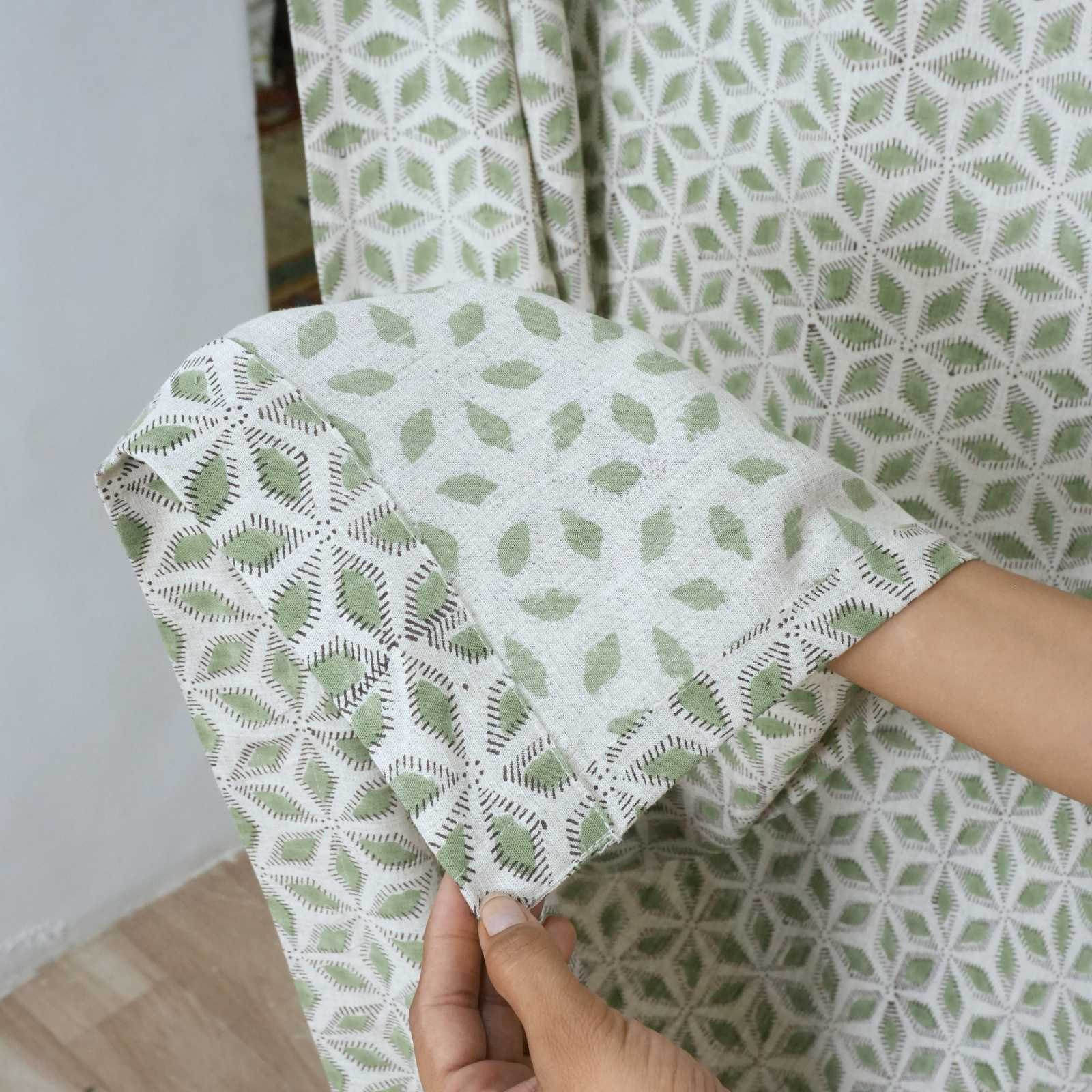 Block Print Tab Top Linen Curtains Shatkon Sage Green