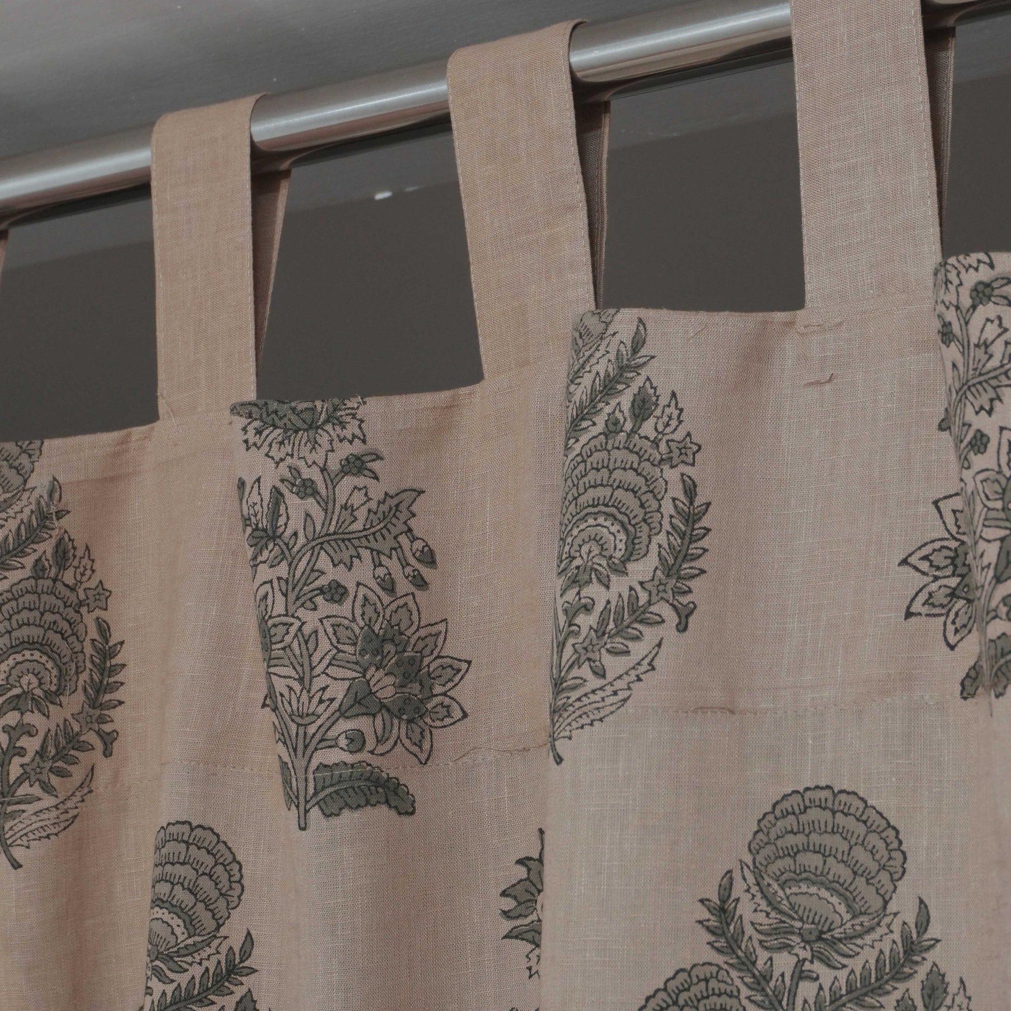 Mohini Gray Floral Hand Block Print Viscose Linen Tab Top Curtains