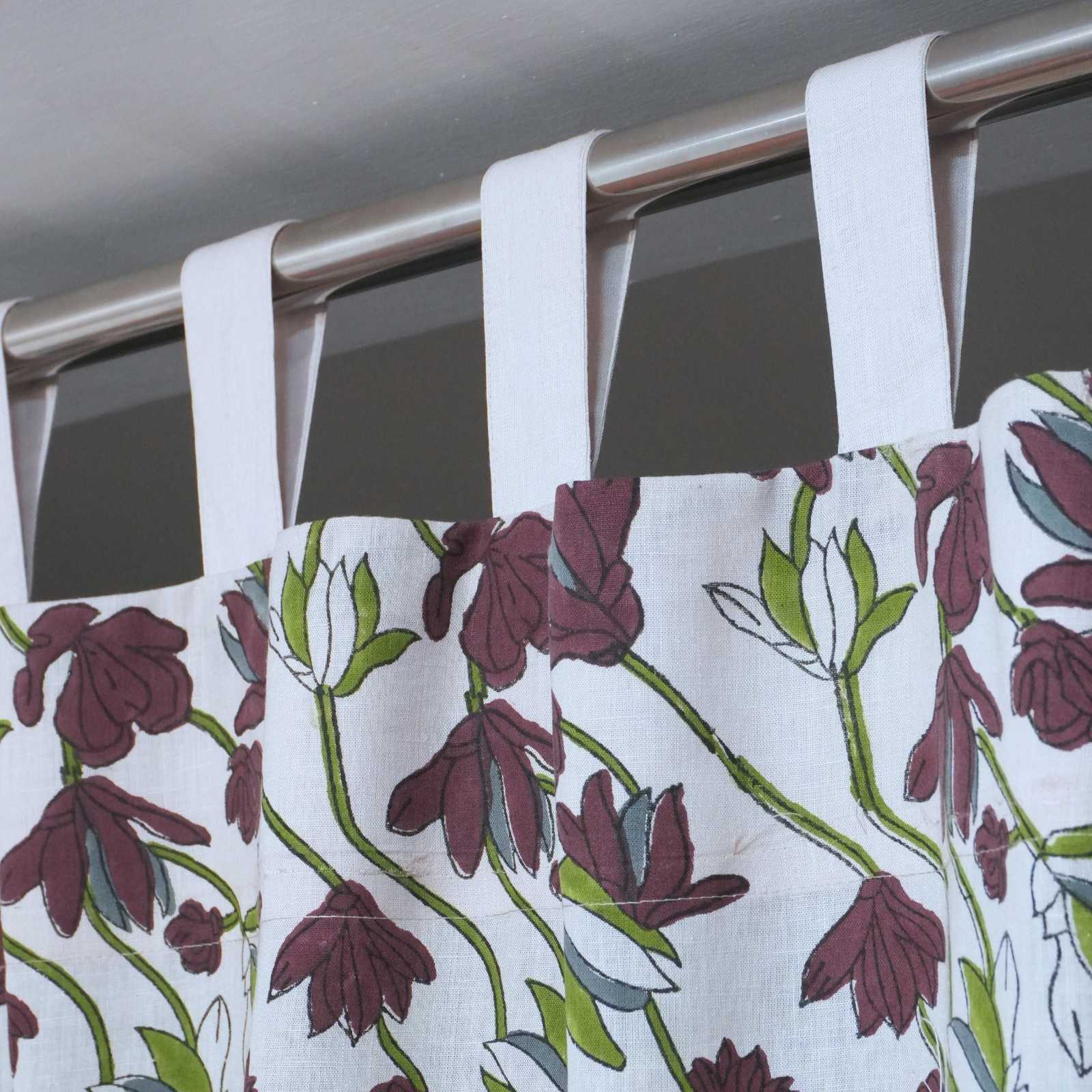 Shivri Dark Brown Floral Block Print Viscose Linen Tab Top Curtains