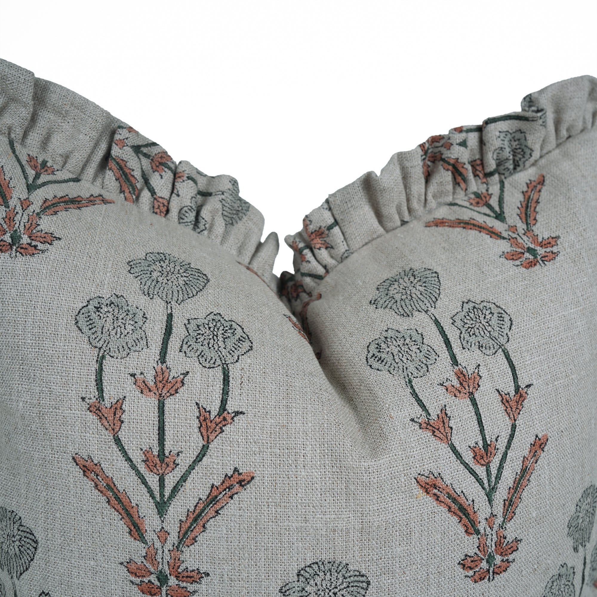 Amitabh Block Print Linen Ruffled Frill Cushion Cover