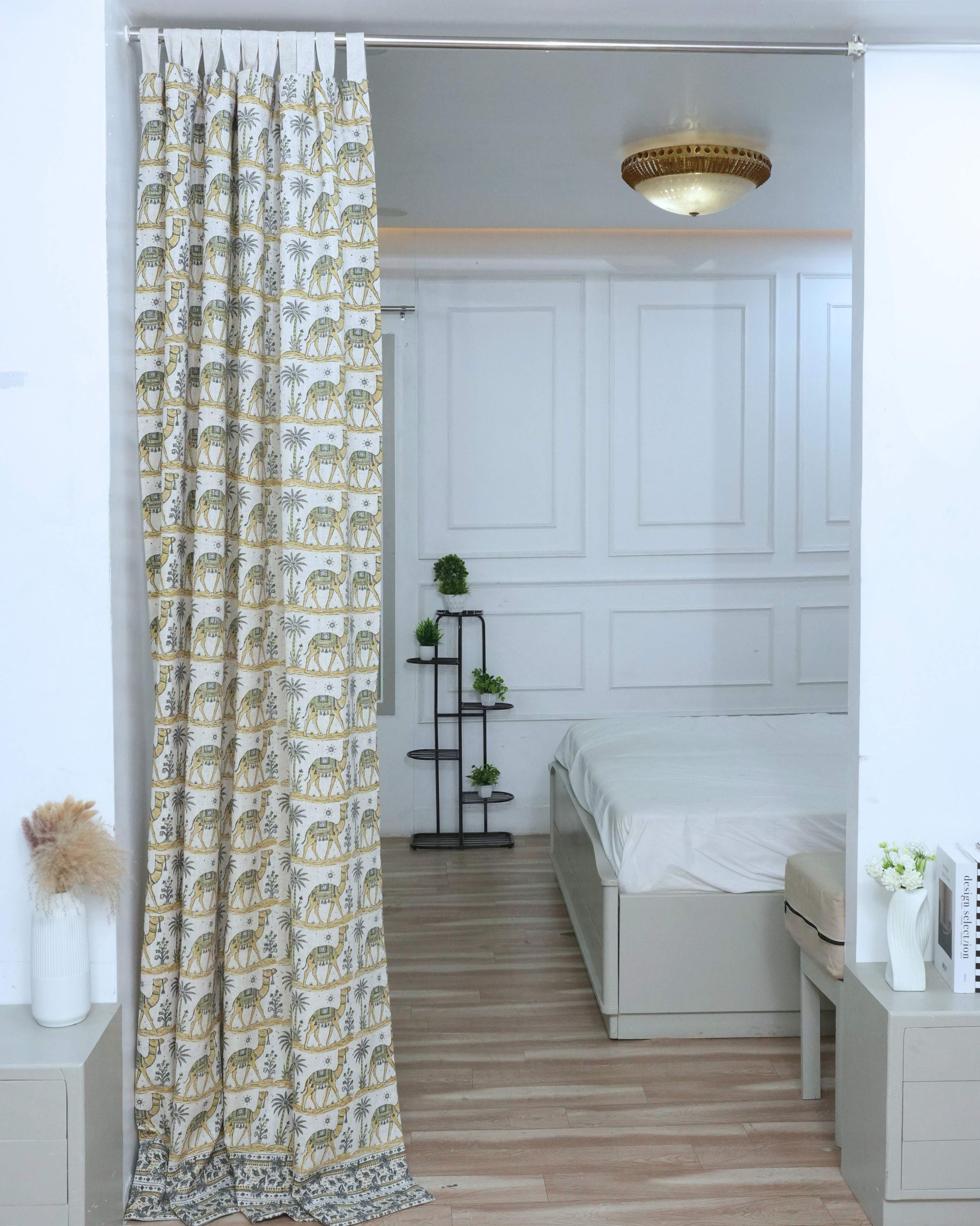 Camel Hand Block Print Tab Top Curtains — Gray &amp; Yellow Viscose Linen