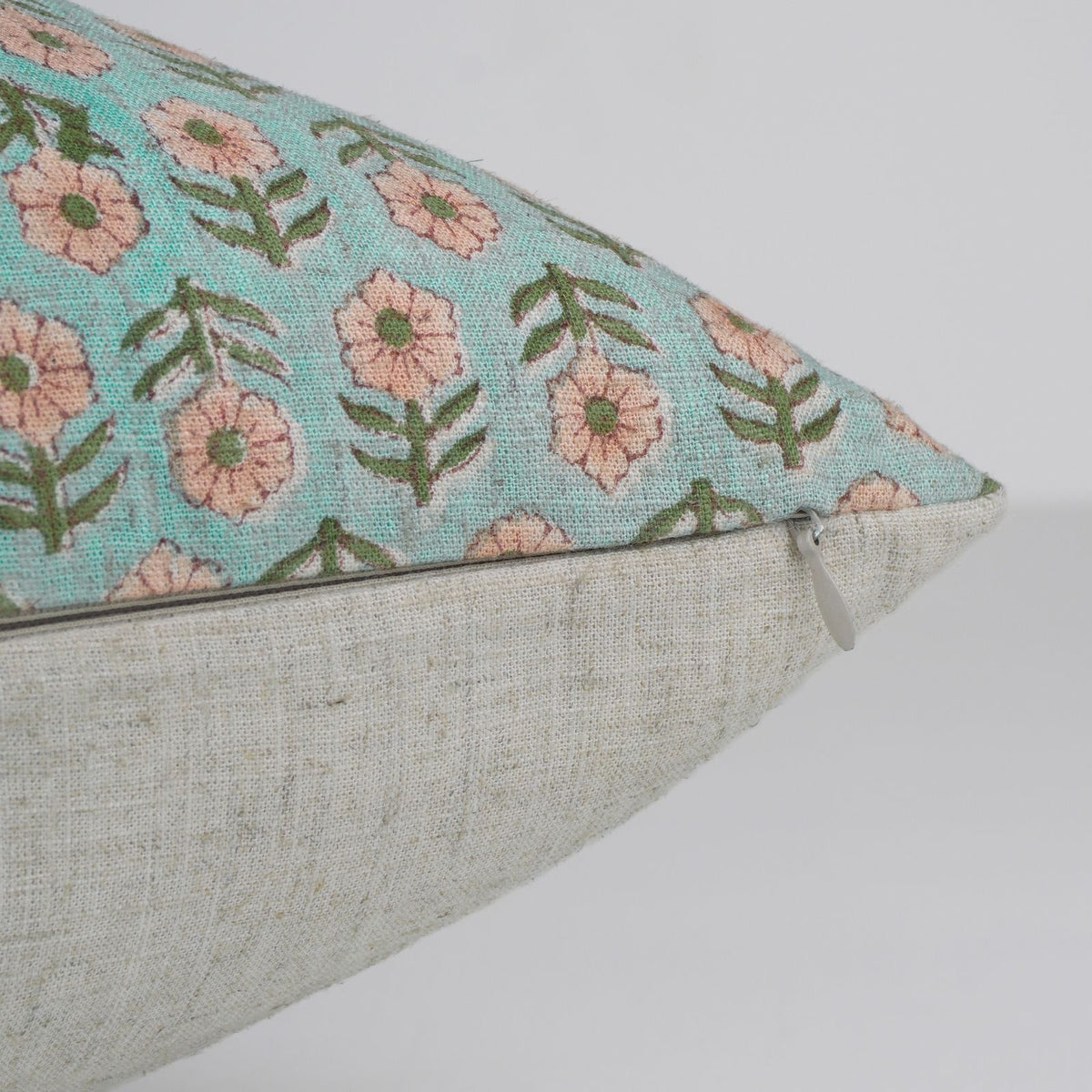 Tulsi Buti Block Print Sage Green Floral Linen Cushion Cover