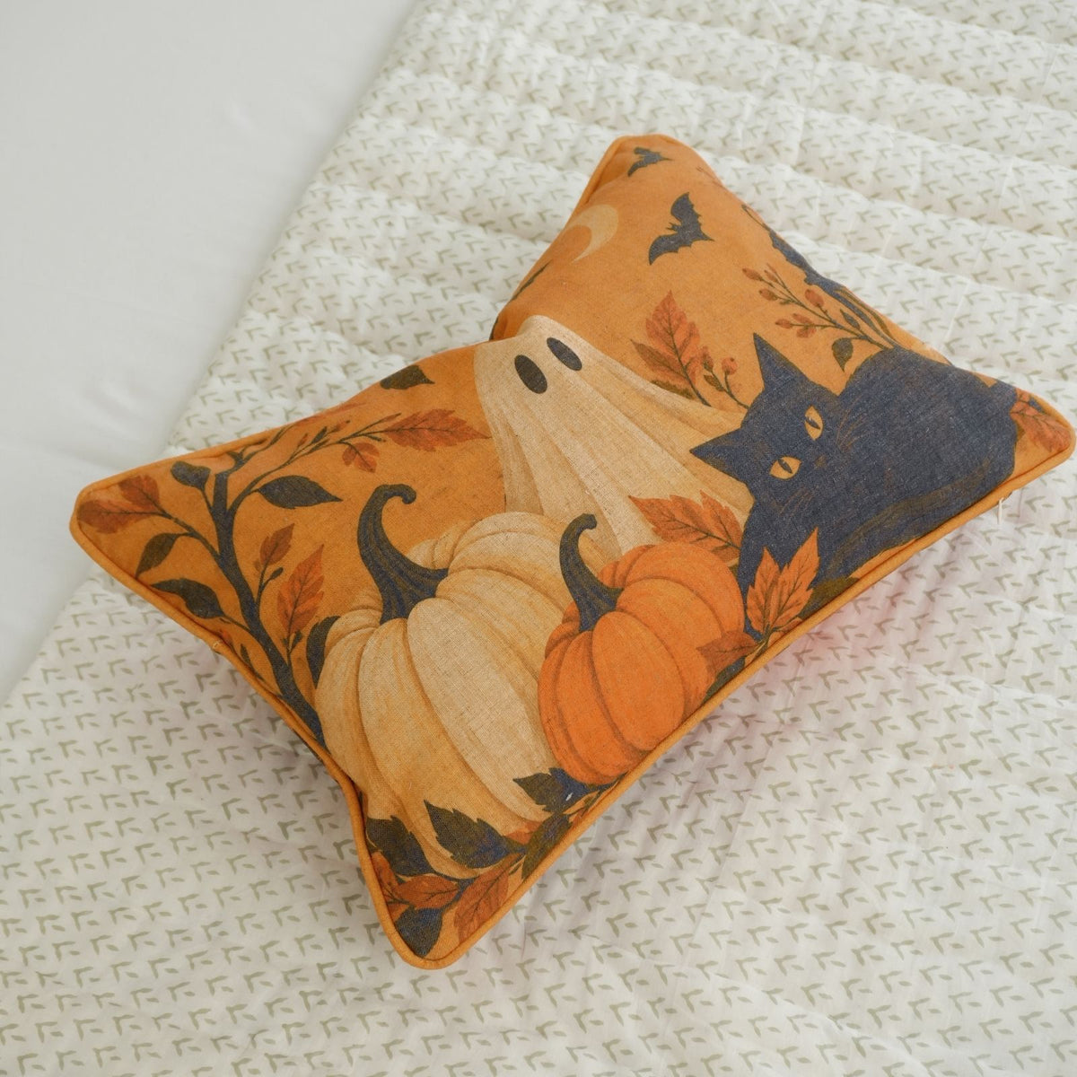 Haunted Cat Printed Orange Linen Piping Lumbar Pillow Cover
