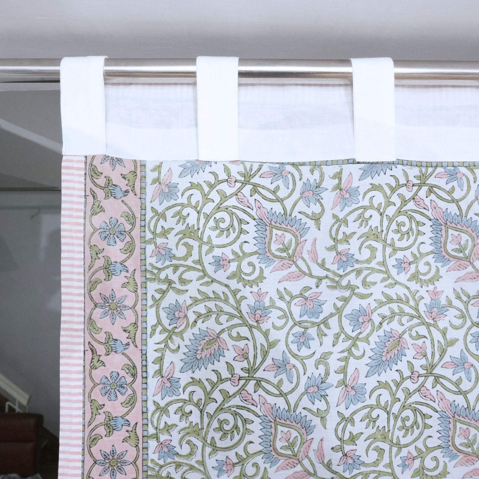 Wooden Block Print Pink Floral Cotton Curtain - Hawamahal