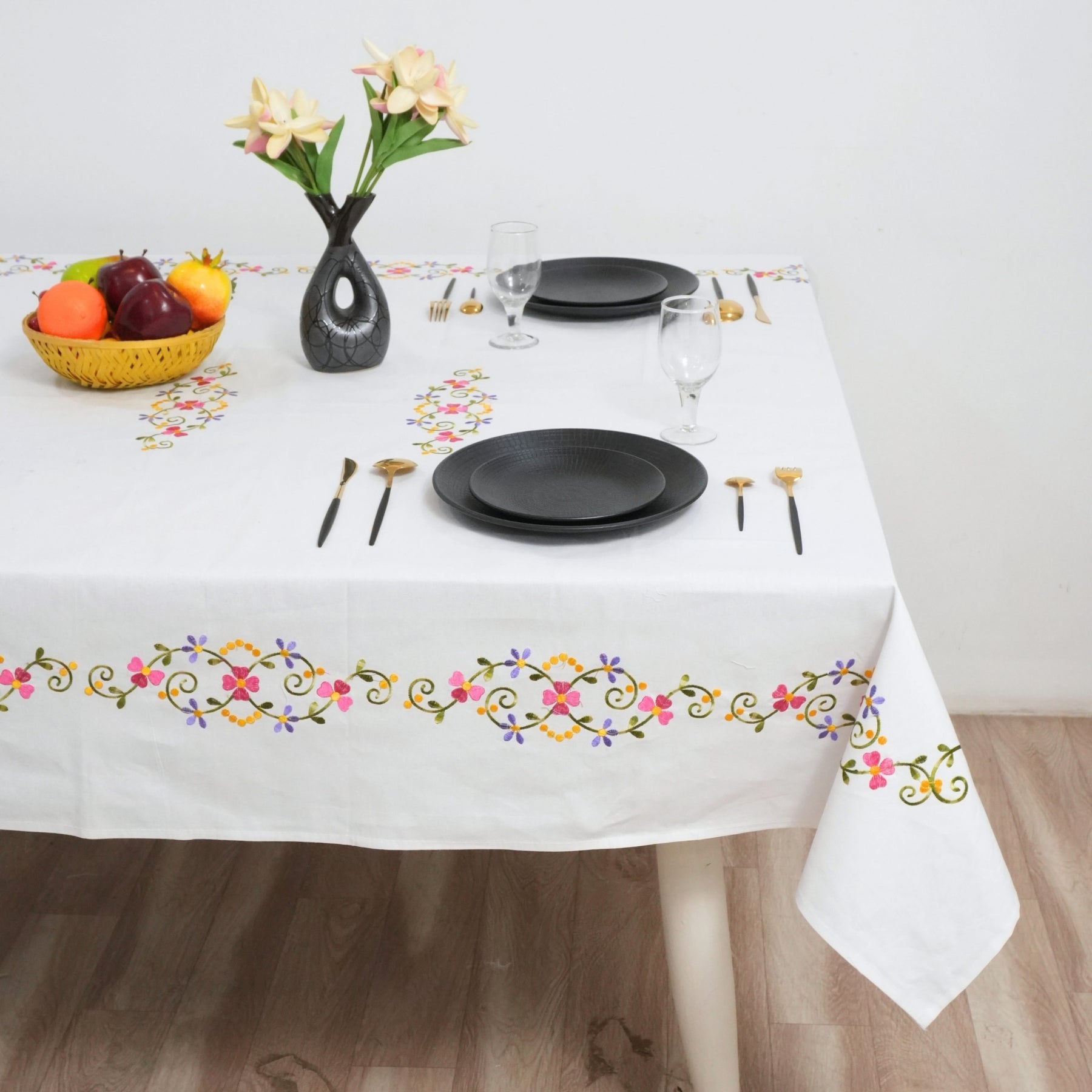 Pink and Green Floral Embroidered Thick Cotton Table Cover
