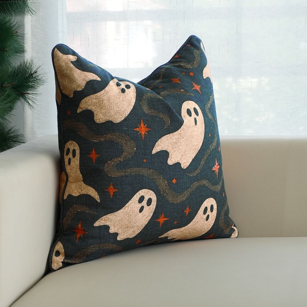 Halloween Charcoal Linen Piping Pillow Cover - Ghostly Sparkles