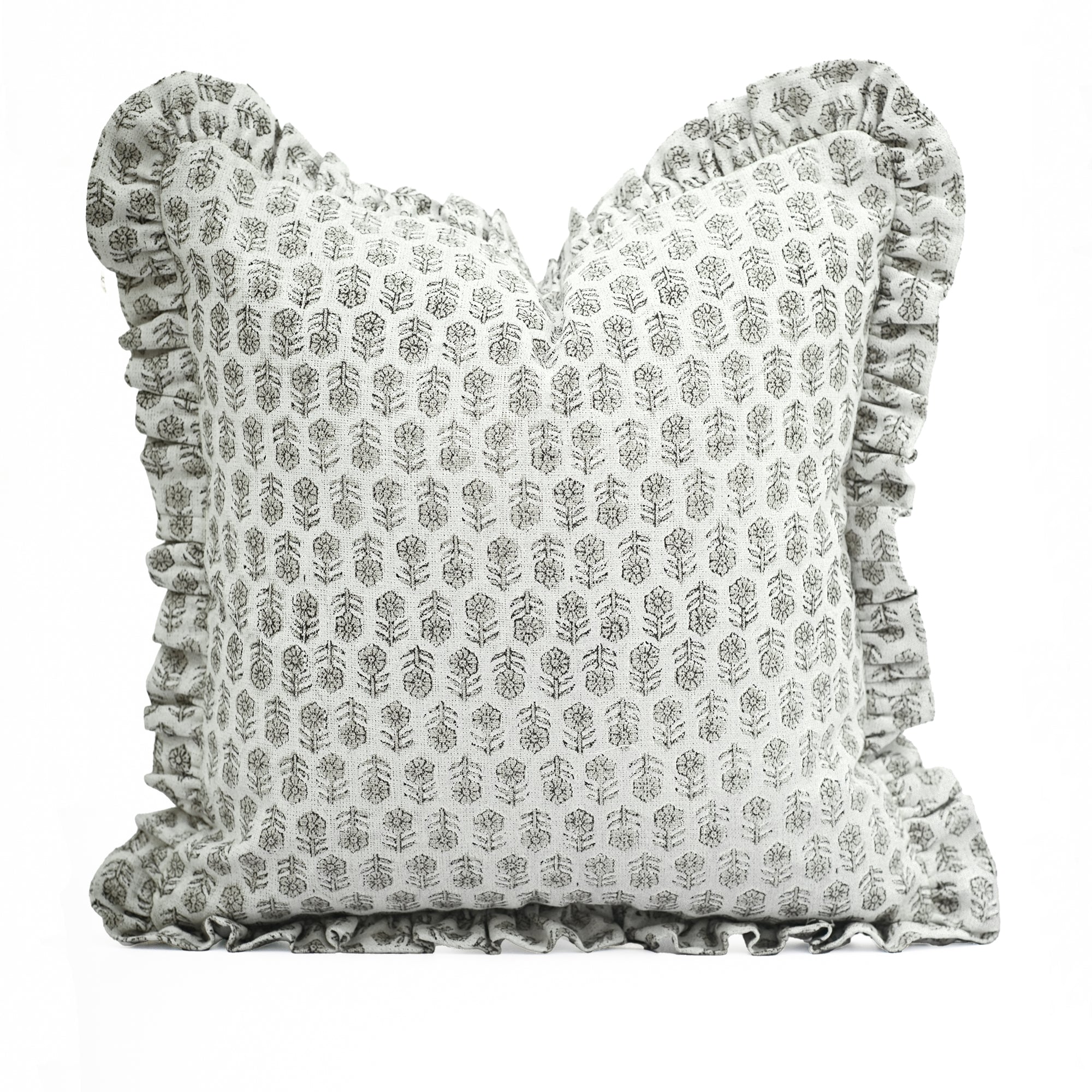 Block Print Ruffled Linen Pillow Cover Charcoal Floral - Tulsi Butti