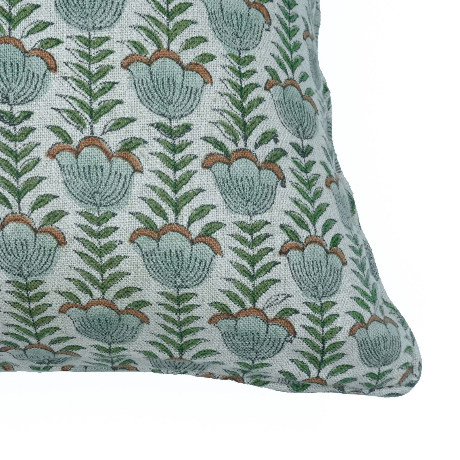 Gray Lotus Hand Block Print Thick Linen Piping Cushion Cover