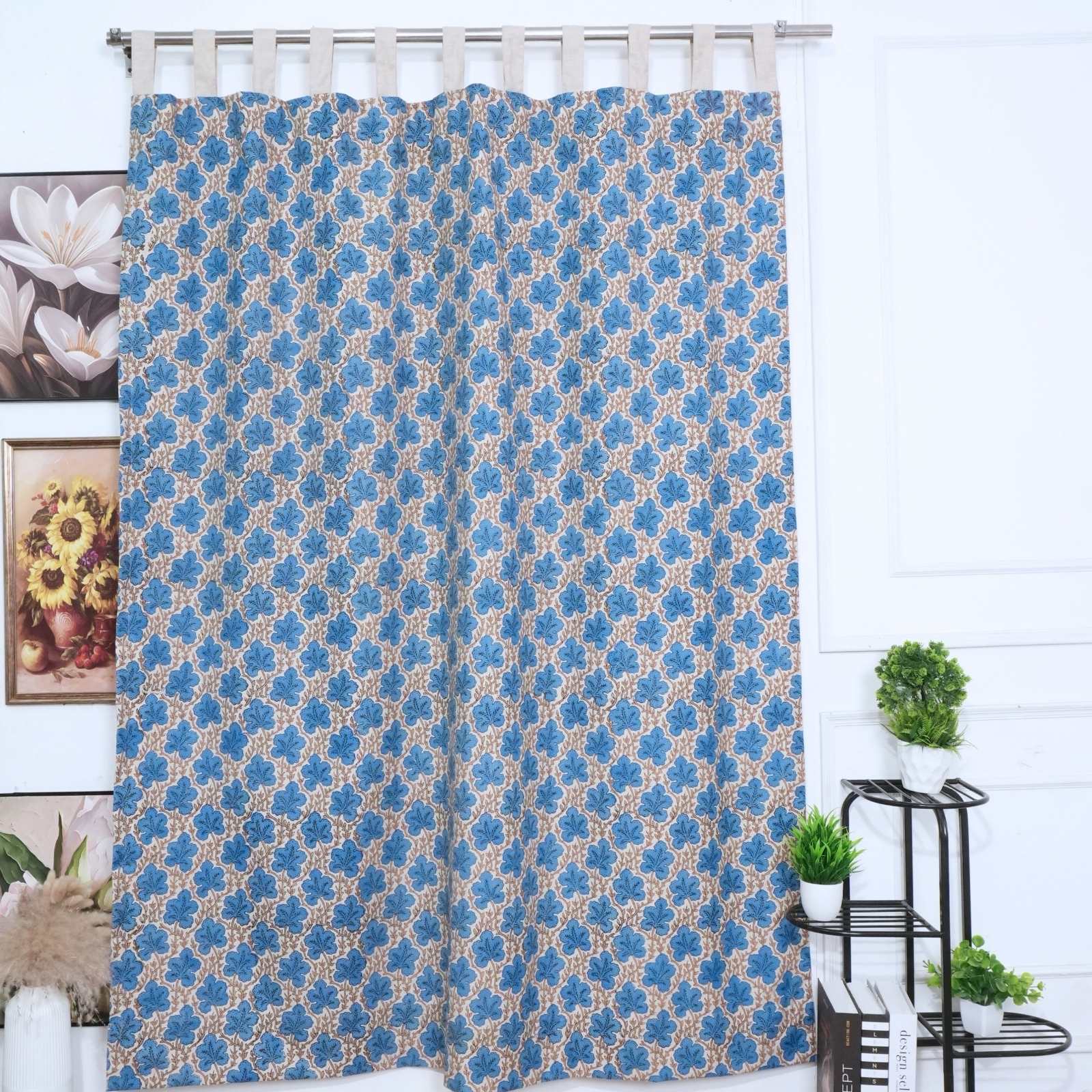 Cornflower Blue Leaf Vine Hand Block Print Linen Tab Top Drapes - Pushpsamhita