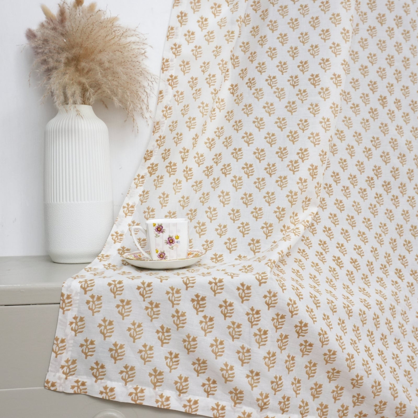 Handcrafted Yellow Floral Back Tab Cotton Curtain - Pudina